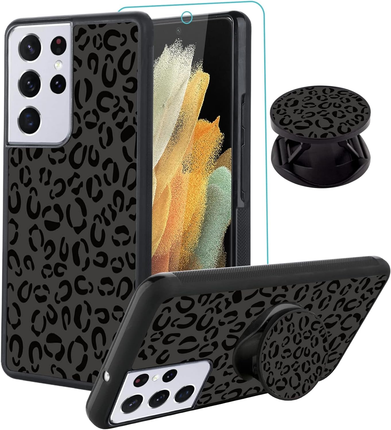 SAKUULO Samsung Galaxy Note 20 Case, [Screen Protector + Kickstand] Black Leopard Cheetah Design, Anti-Slip Shockproof Lightweight Flexible TPU Bumper Protective Case for Galaxy Note 20 6.7 Inch  SAKUULO Samsung Galaxy S21 Ultra 6.8  