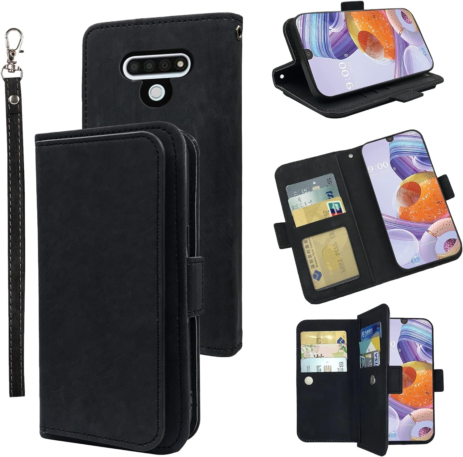Furiet Compatible with LG V35 Thinq V30 plus Wallet Case Wrist Strap Lanyard Leather Flip Card Holder Stand Cell Accessories Phone Cover for LGV30 LGV35 LG30 LG35 V 30 35 V30+ V30S H931 Men Black  Furiet   