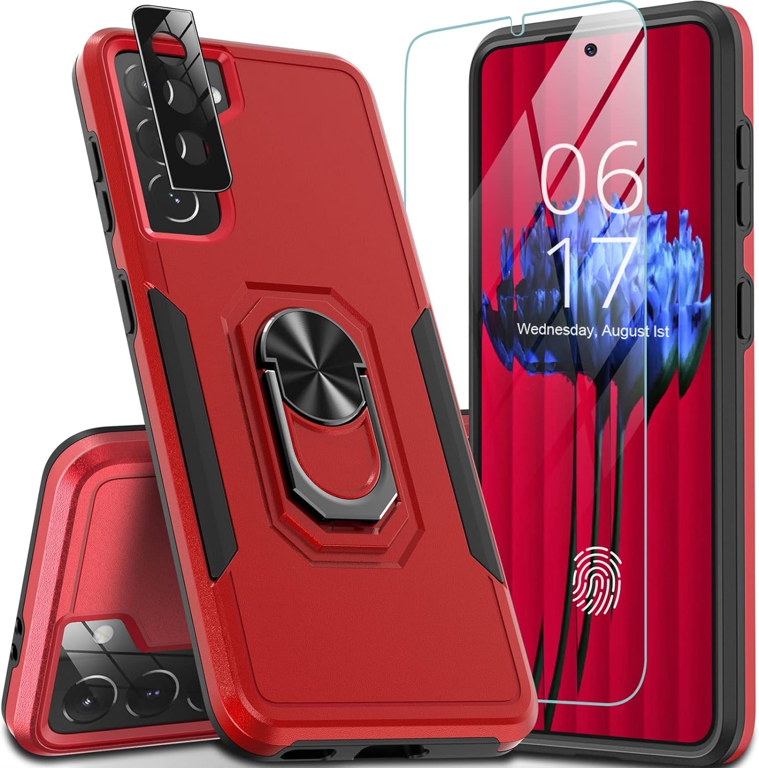 Oneagle for Samsung Galaxy S21 Case 5G, [4 in 1 ] Samsung S21 5G Case with [9H Glass Screen Protector+ Lens Protector] [ 360 Ring Stand] [12Ft Military Dropproof] Shockproof Case for Galaxy S21 5G  Oneagle-US Red  