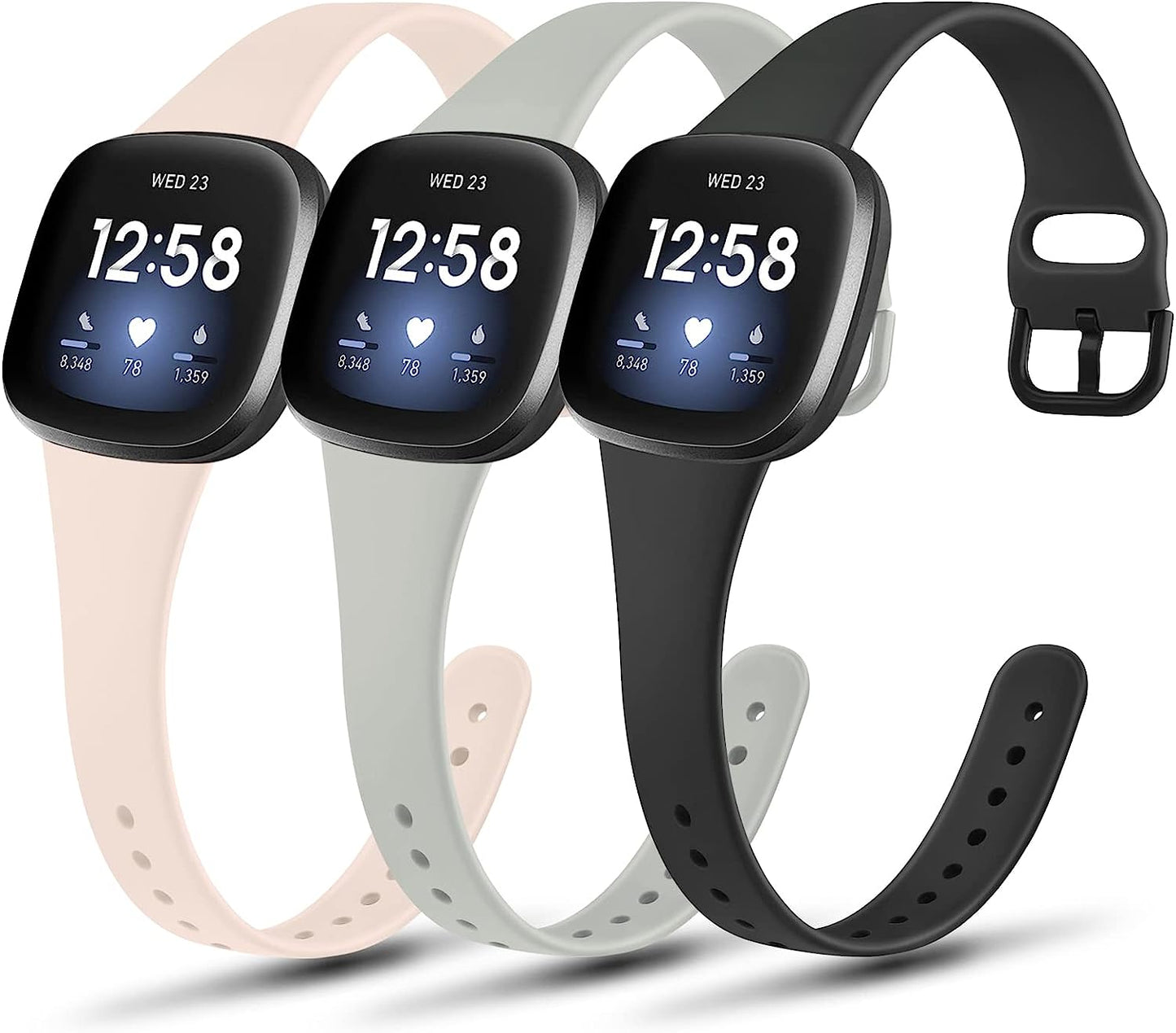 3 Pack Slim Soft Silicone Bands Compatible with Fitbit Versa 4 & Versa 3 Bands and Fitbit Sense 2 & Sense Bands for Women Men, Sports Wristbands Replacement Straps for Fitbit Versa 4 & 3 / Fitbit Sense 2 & Sense Smart Watch  AK Pink Sand/Gray/Black  