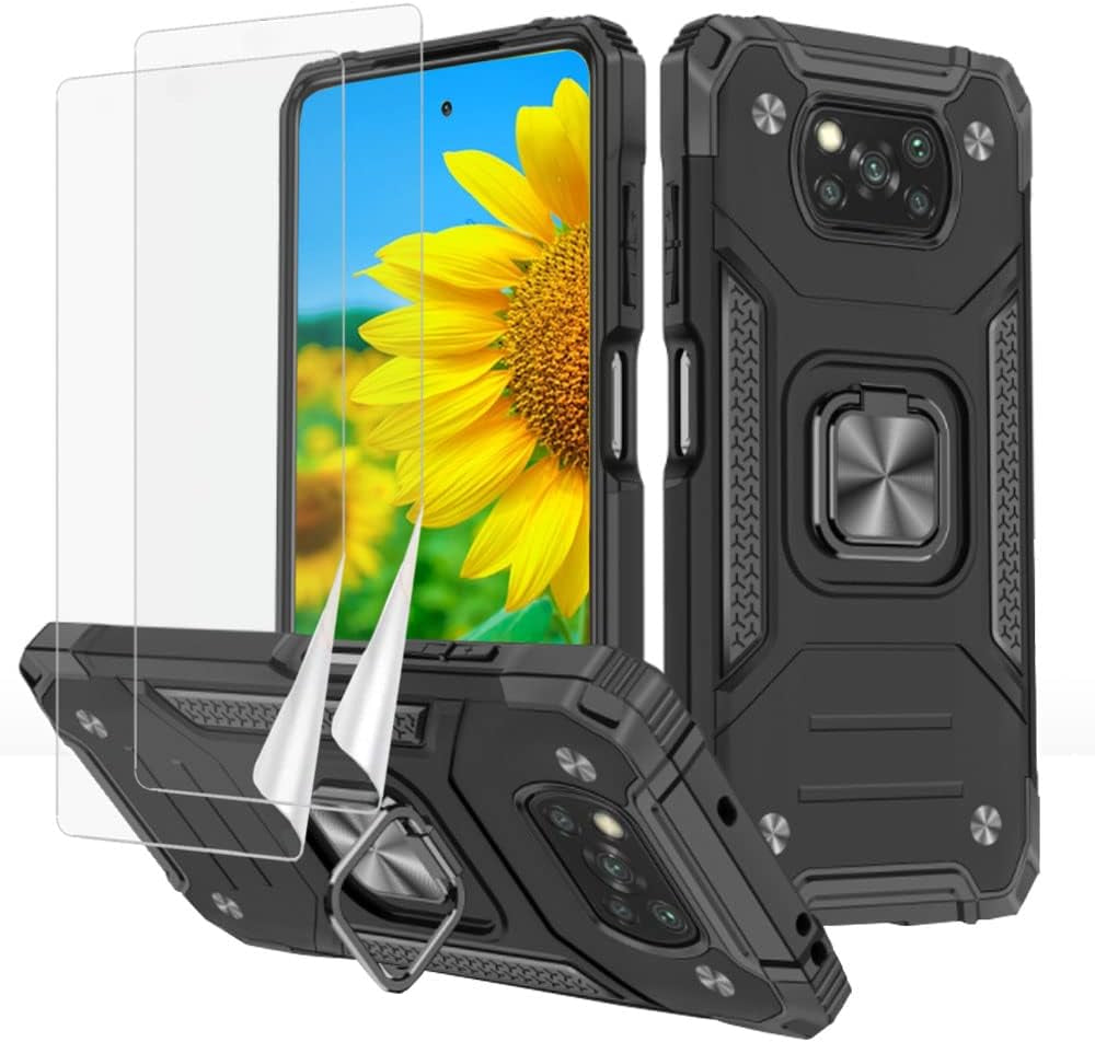 Yahan for Xiaomi Poco X3 Nfc/Xiaomi Poco X3 Case with Tempered Glass Screen Protector[Not Glass][2 Pack]，Hybrid Heavy Duty 360 Degree Rotating Ring Kickstand Shockproof Defender Hard Back Case,Blue  YaHan Black  