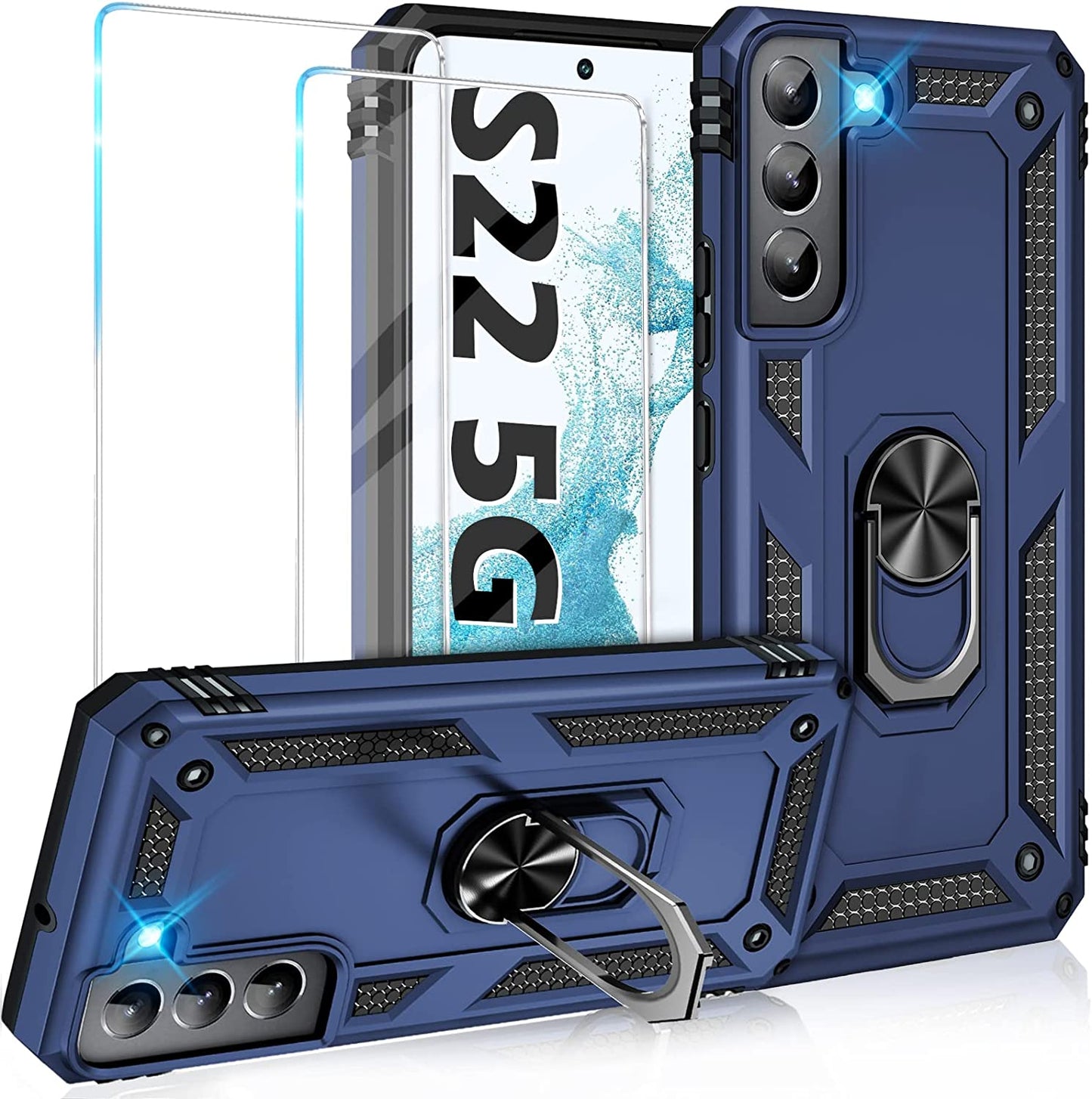 Vaki for Samsung Galaxy S22 5G Case with Built in Screen Protector Military Grade Hard Rugged Cover Heavy Duty Armor Galaxy S22 Phone Cases with Metal Ring Kickstand Shockproof Blue  Vaki   
