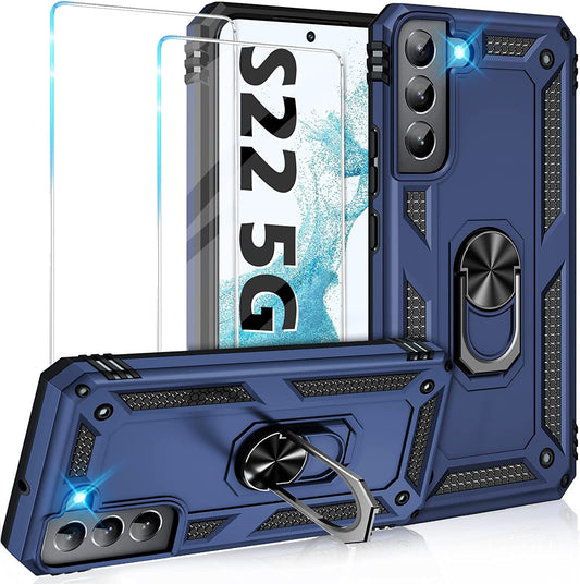 Vaki for Samsung Galaxy S22 5G Case with Built in Screen Protector Military Grade Hard Rugged Cover Heavy Duty Armor Galaxy S22 Phone Cases with Metal Ring Kickstand Shockproof Blue  Vaki   
