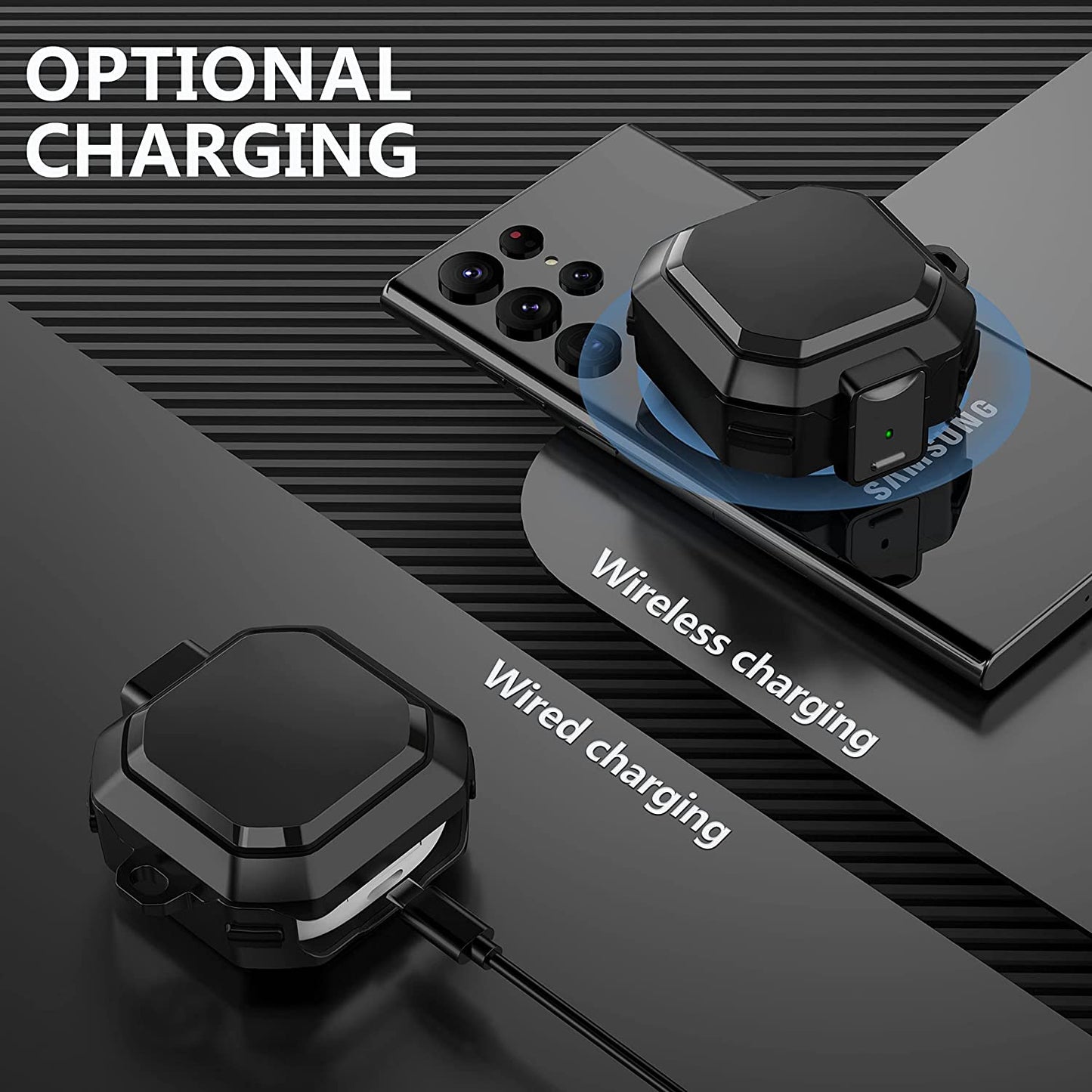 (With Secure Lock) Armor Case Cover for Samsung Galaxy Buds 2 Pro(2022) /Galaxy Buds Pro(2021) /Galaxy Buds 2 (2021) /Galaxy Buds Live (2020) with Keychain/Zipper Box/Brush -Black  Galafoki   