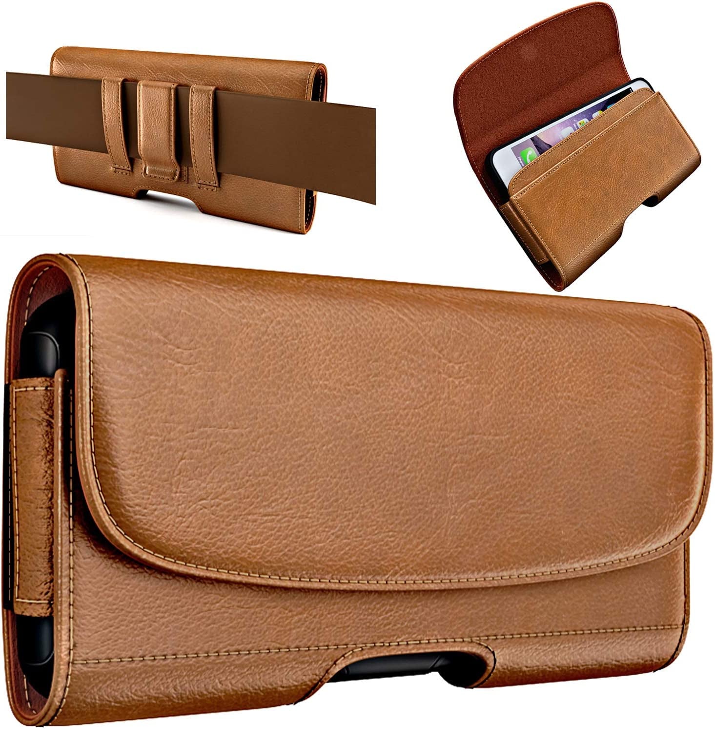 Pitau Holster for Iphone 14 plus Pro Max 13 Pro Max 12 Pro Max 11 Pro Max, Xs Max Samsung Galaxy S23+ A54 A53 A52 Cell Phone Belt Holder Case with Clip ID Card Slot (Fits Large Phone with Case) Brown  Bomea   
