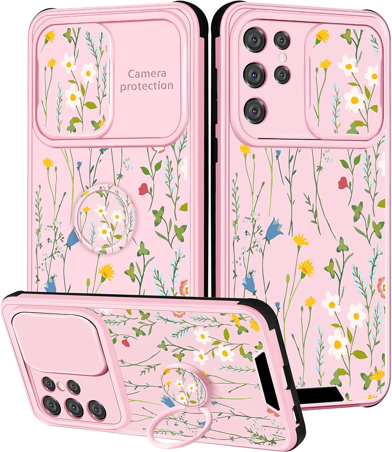 Goocrux for Samsung Galaxy S21 Ultra Case Floral Flowers for Women Girls Cute Girly Phone Cover Blue Flower Plants Design with Slide Camera Cover and Ring Holder Fashion Cases for S21 Ultra 6.8''  Goocrux Pink Flowers  