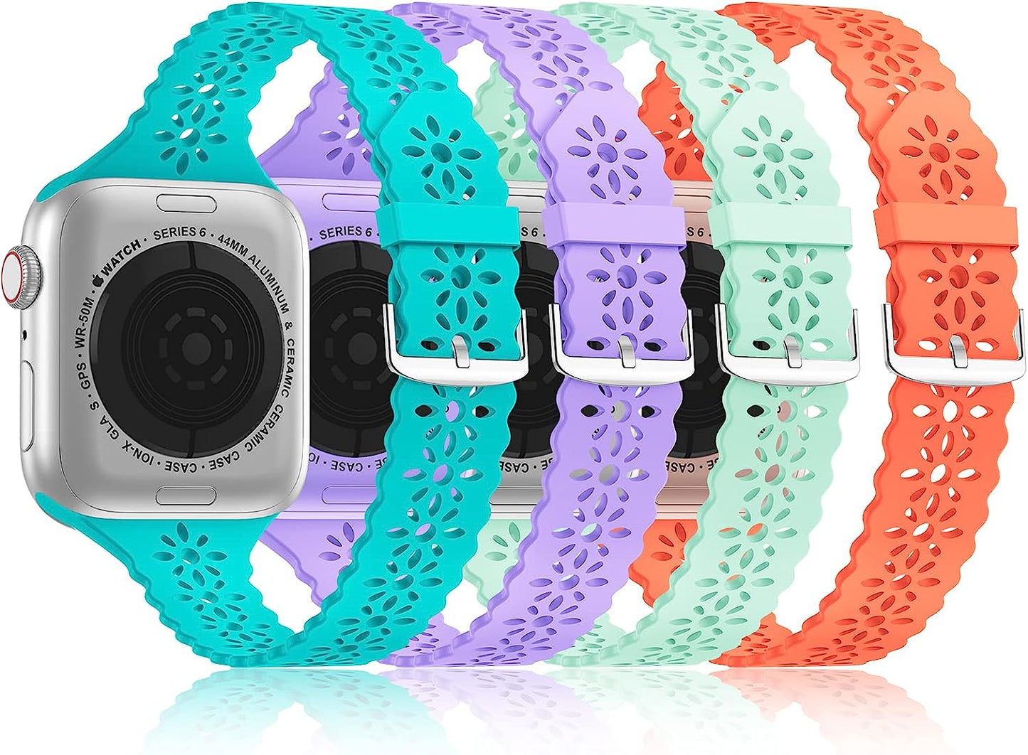 Bandiction 4 Pack Lace Silicone Bands Compatible with Apple Watch Band 38Mm 40Mm 41Mm 42Mm 44Mm 45Mm 49Mm, Women Slim Thin Hollow-Out Sport Wristband for Iwatch Series Ultra 8 SE 7 6 5 4 3 2 1  Bandiction Teal/Apricot Red/Turquoise/Lilac Purple 42mm/44mm/45mm/49mm 