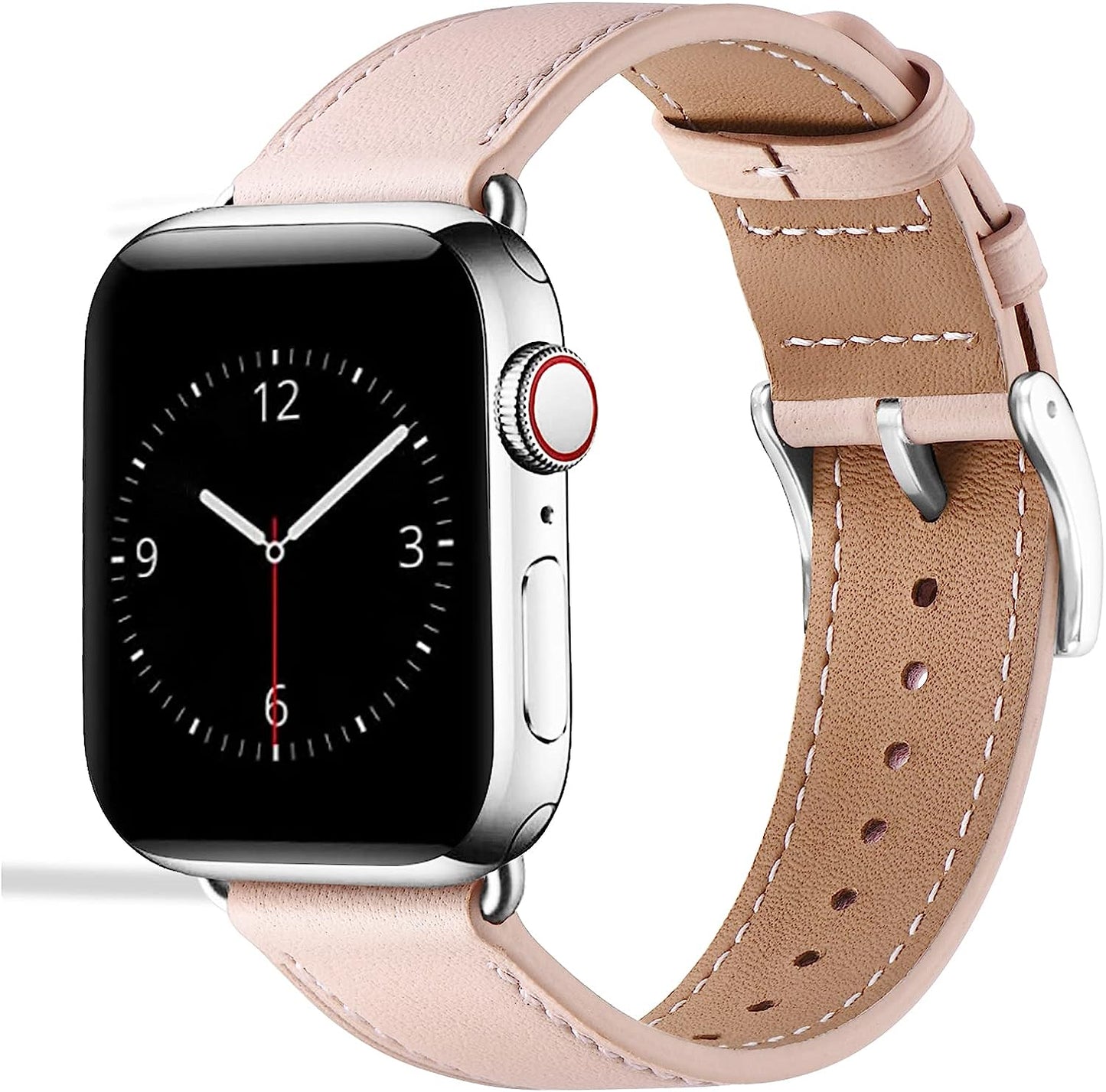 Lovrug Band Compatible with Apple Watch Band 44Mm 42Mm 38Mm 40Mm 41Mm 45Mm 49Mm Ultra SE2 SE Series 8/7/6/5/4/3/2/1 Genuine Leather Business Replacement Band Smart Watch Strap for Women Men  LovRug-US Pink sand/Silver 38mm/40mm/41mm 
