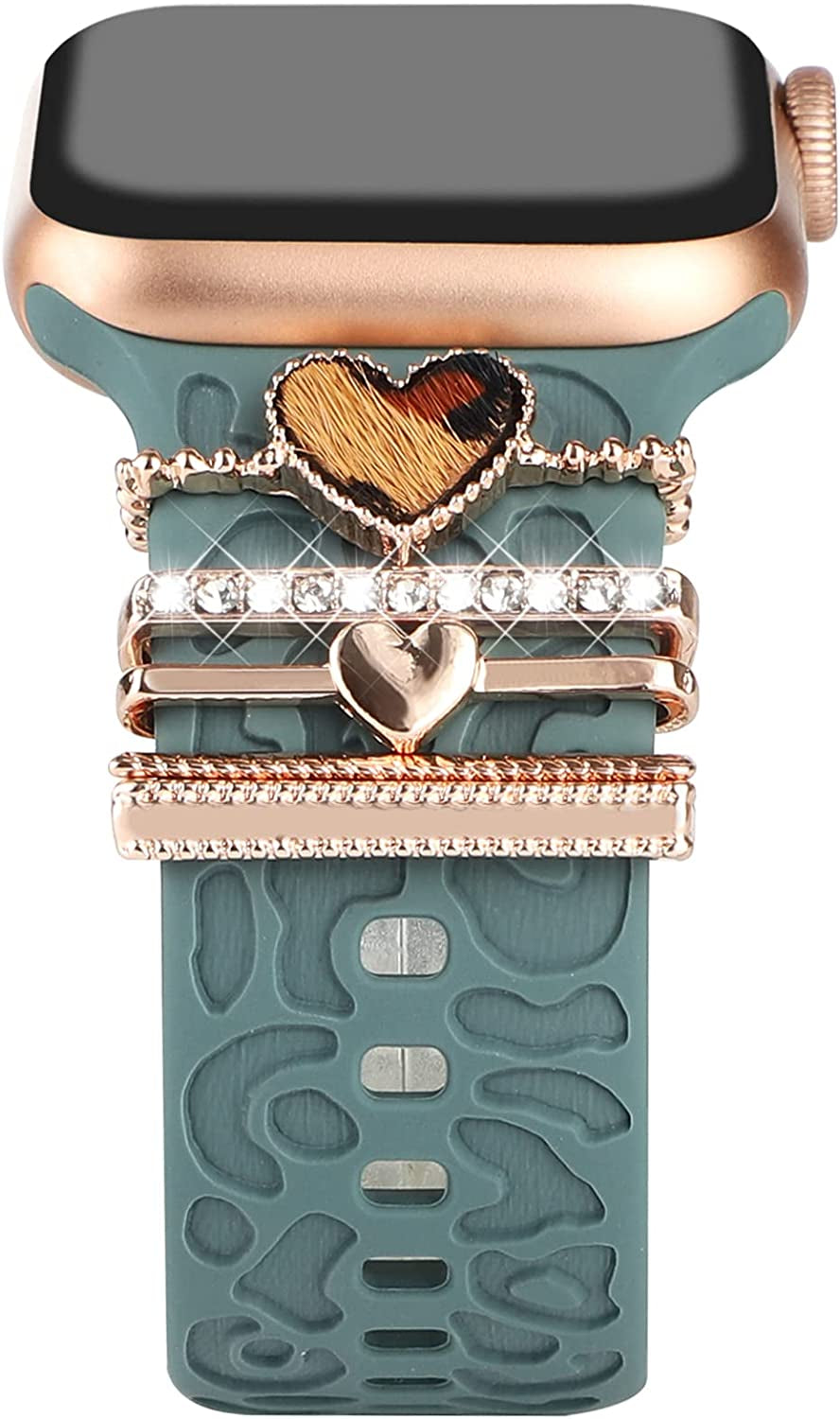 Decorative Rings Loops Compatible with Apple Watch Silicone Bands Charms 45Mm 44Mm 42Mm 41Mm 40Mm 38Mm Iwatch Series 8 7 6 5 4 3 2 1 Watchband Metal Diamond Charms Accessories (No Band)  FERJITGR Cheetah Love Rose Gold  