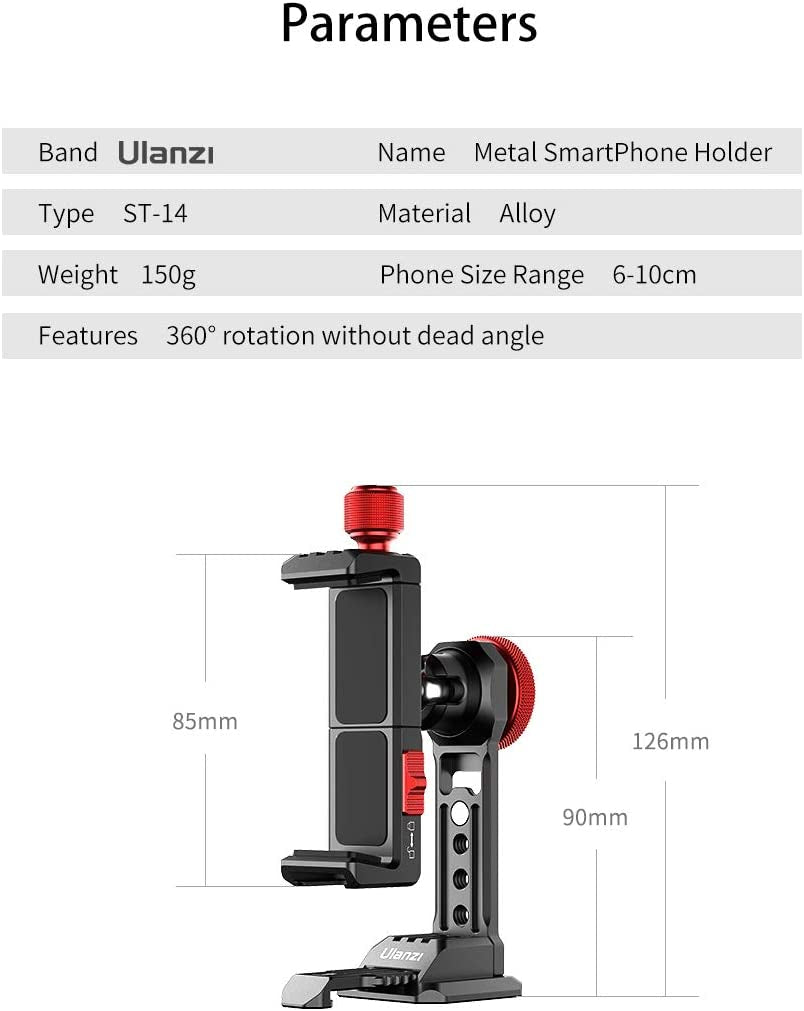 Cell Phone Tripod Mount, ULANZI ST-14 Smartphone Tripod Mount Adapter Aluminum with Cold Shoe, 360° Cell Phone Stand Holder Clamp for Iphone 13 12 11 Max Pro Iphone X XR Xs 6 7 Plus  PICTRON   