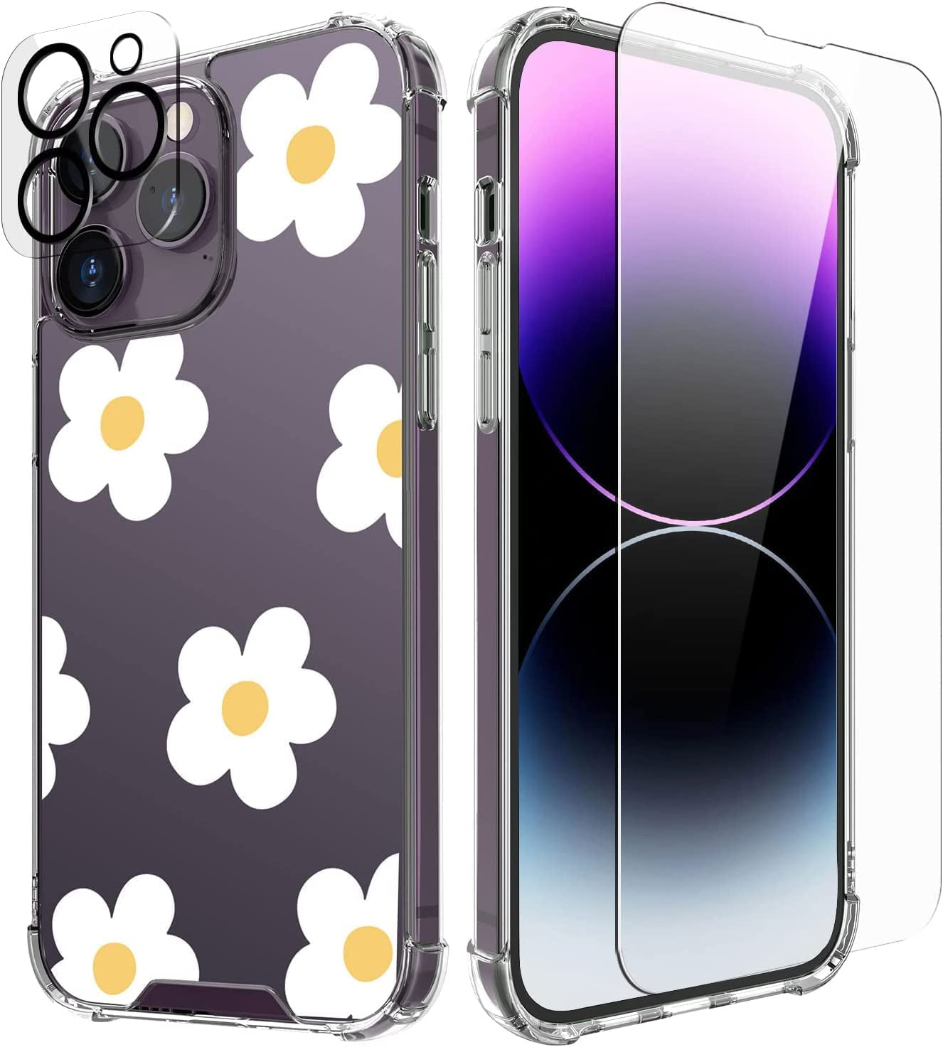 Cutebe [3 in 1 Crystal Phone Case for Iphone 13(2021)/Iphone 14(2022) 6.1", Cute Protective Cover with 9H Temper Glass Screen Protector + HD Temper Camera Lens Protector for Women, Girls  Cutebe iPhone 14 Pro Max-Retro Floral iPhone 14 Pro Max Case 6.7 Inch 