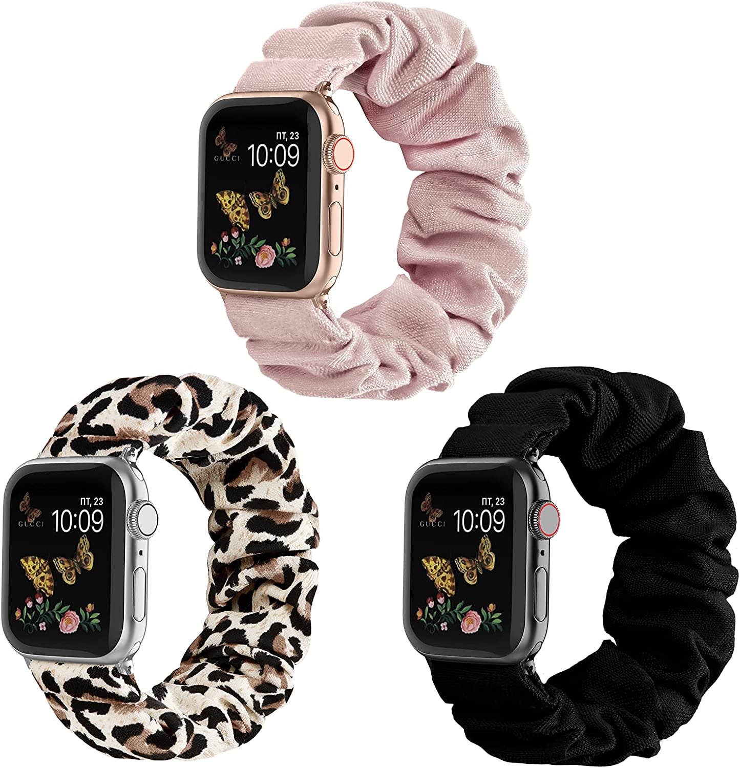 Recoppa Compatible for Scrunchie Apple Watch Band 38Mm 41Mm 42Mm 40Mm 44Mm 45Mm Cute Print Elastic Watch Bands Women Bracelet Strap for Apple Iwatch Series 7 6 5 4 3 2 1 SE(3 Pack, 38/40/41Mm-Small)  Recoppa Black/Pink/Leopard 42mm/44mm/45mm-Small 