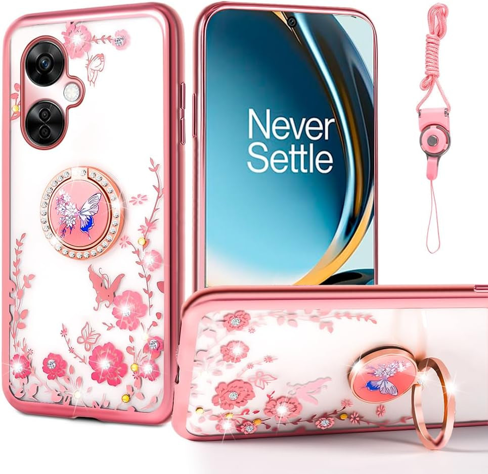 Nancheng for Oneplus Nord N30 5G Case (2023), Phone Case for Nord N30 5G 5G Women Glitter Cute Luxury Soft TPU Silicone Clear Cover with Stand Bumper Shockproof Full Body Protection Case - Rose Gold  nancheng Rose Butterfly  