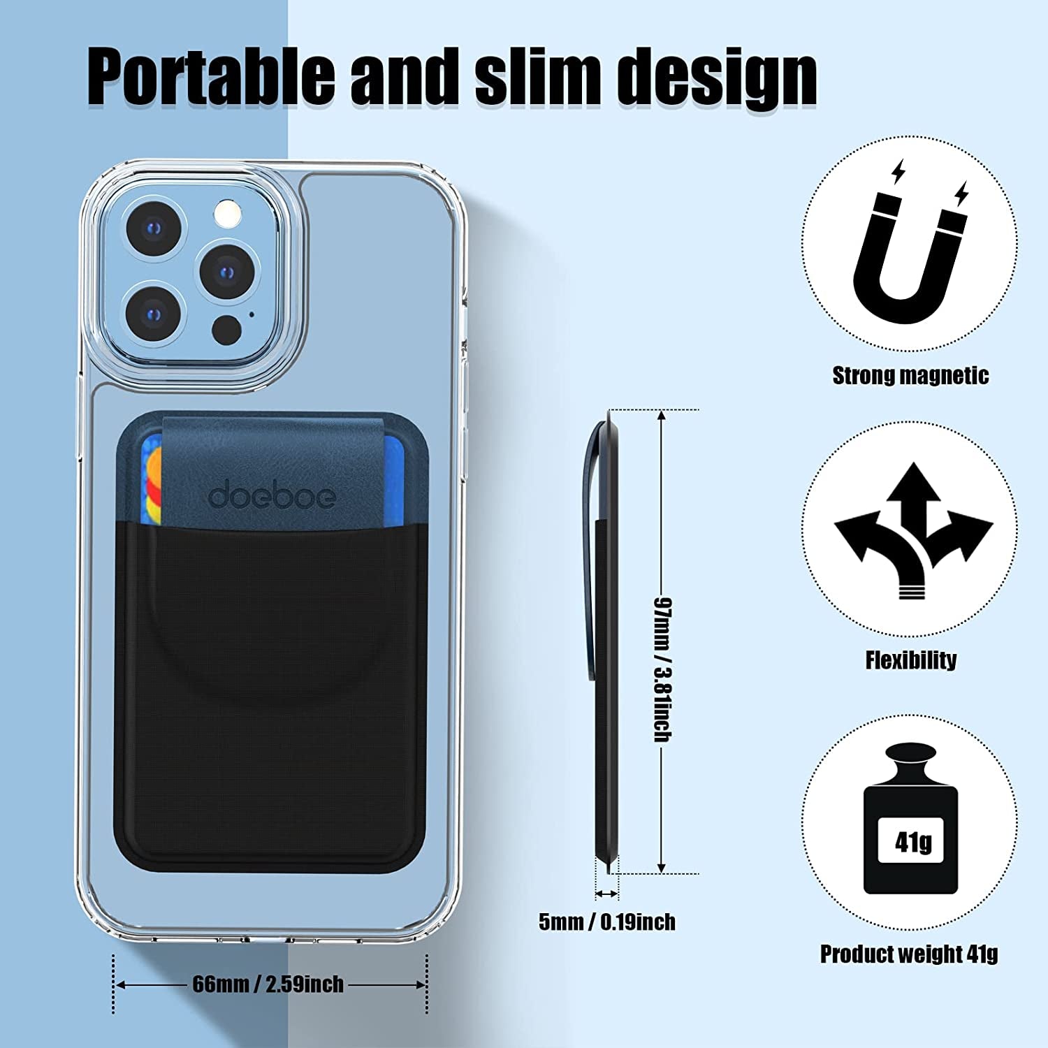 Doeboe for Magsafe Wallet Iphone 14 13 Pro Max, Magnetic Phone Wallet for Iphone 13/Mini/Pro, Stretch Fabric Phone Card Holder for Back of Phone for Iphone 12/Mini/Pro/Pro Max, up to 5 Cards(Blue)  doeboe us   