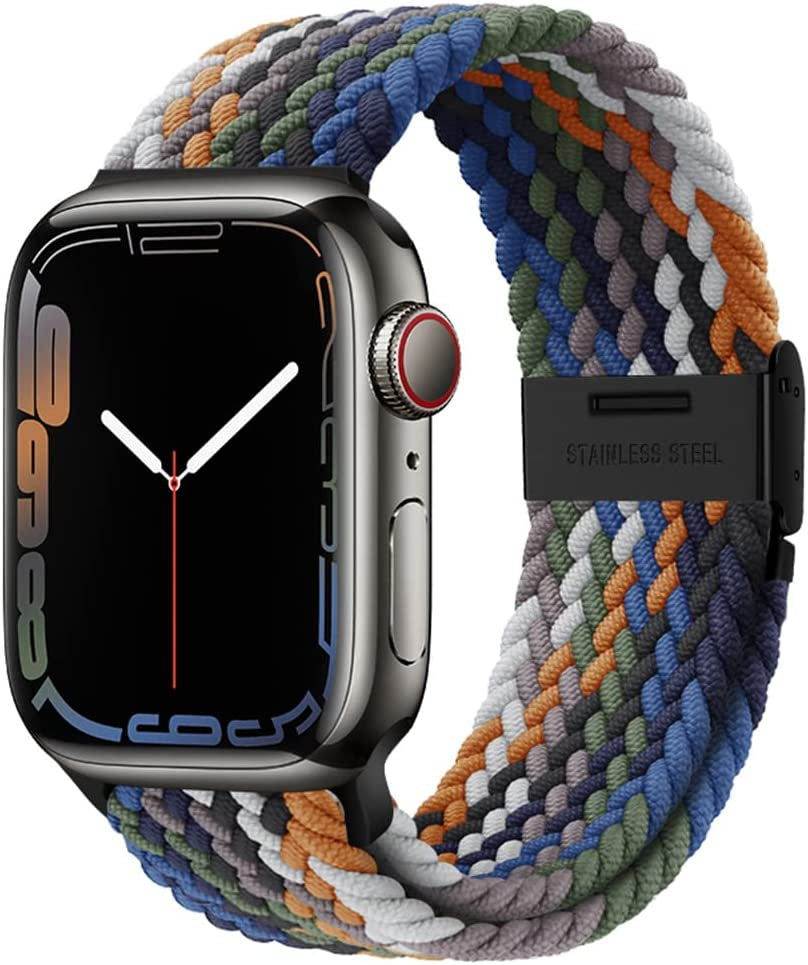Qimela Compatible with Apple Watch Band 49Mm 45Mm 44Mm 42Mm,Stretchy Sport Solo Loop Strap with Adjustable Buckle,Elastic Nylon Braided Wristband for Iwatch Series 8 7 6 SE 5 4 3 2 1 Ultra,Women Men  FS-TECH Jeans (with Black Buckle) 38mm/40mm/41mm 