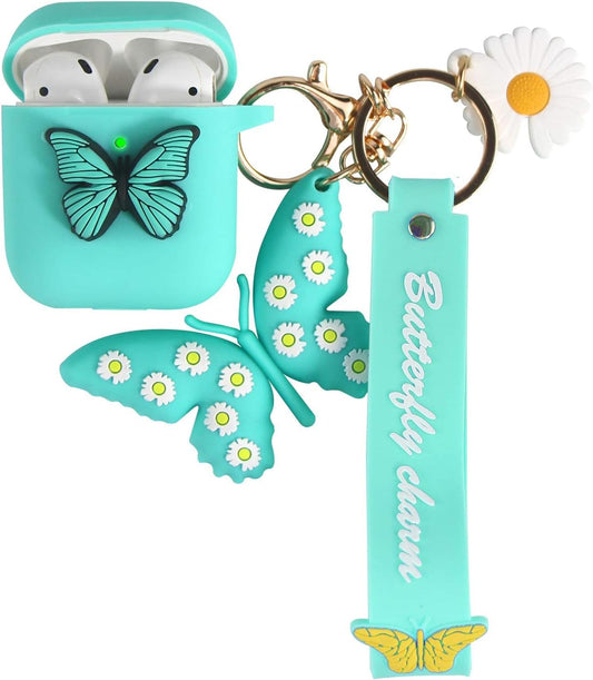 Heniu for Airpod Case, 3D Butterfly Silicone Airpods Case Cute Cover with Keychain Compatible for Apple Airpods 2&1 Charging Case-Lake Green  Heniu   