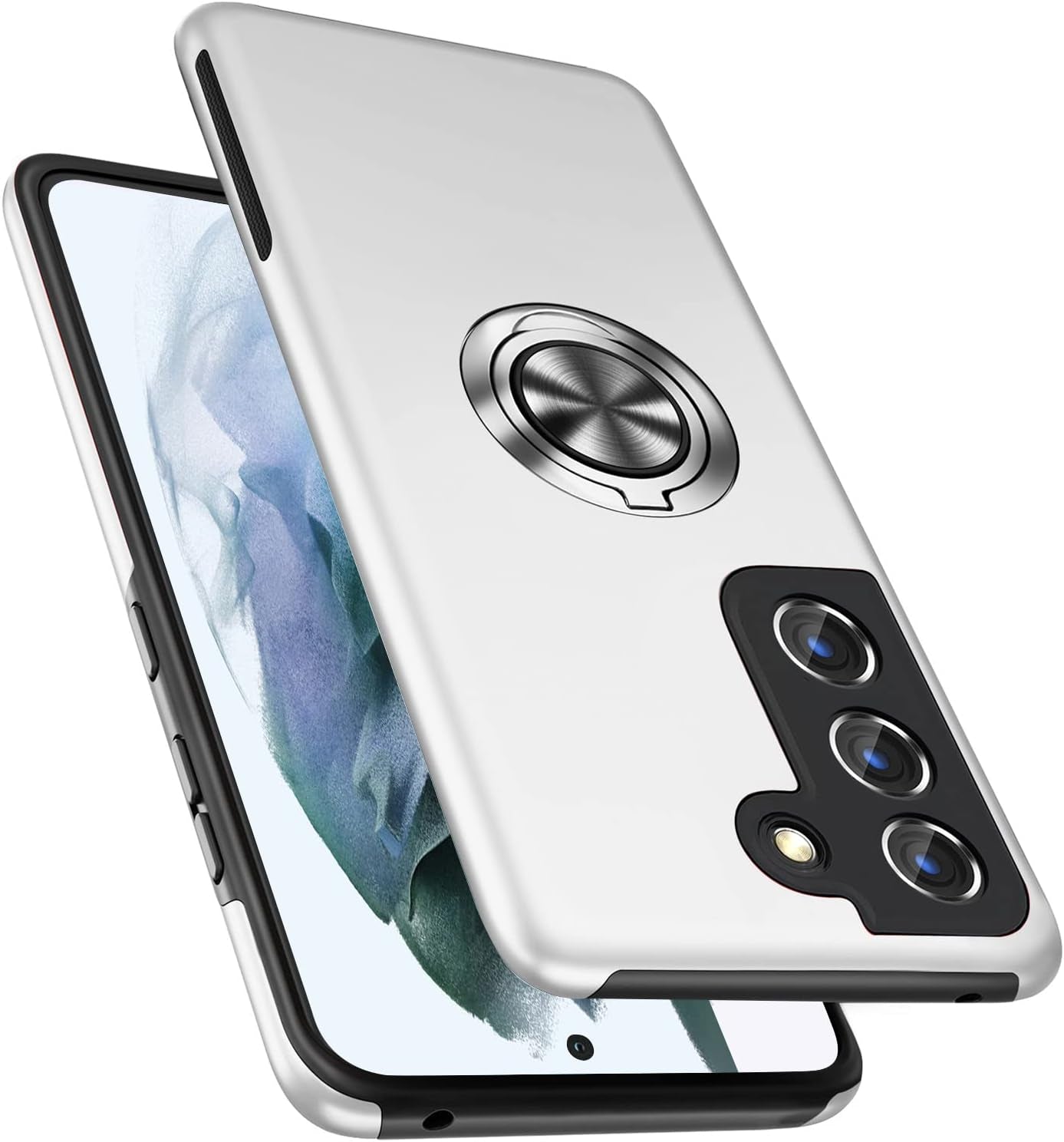 PELEPUES Case for Samsung Galaxy S21 Plus/S21+ 5G, [Built-In Camera Cover] Military Shockproof Phone Case Cover with Embedded Metal Ring Stand Kickstand [Support Magnetic Car Holder] for S21+, Black  PELEPUES Silver  