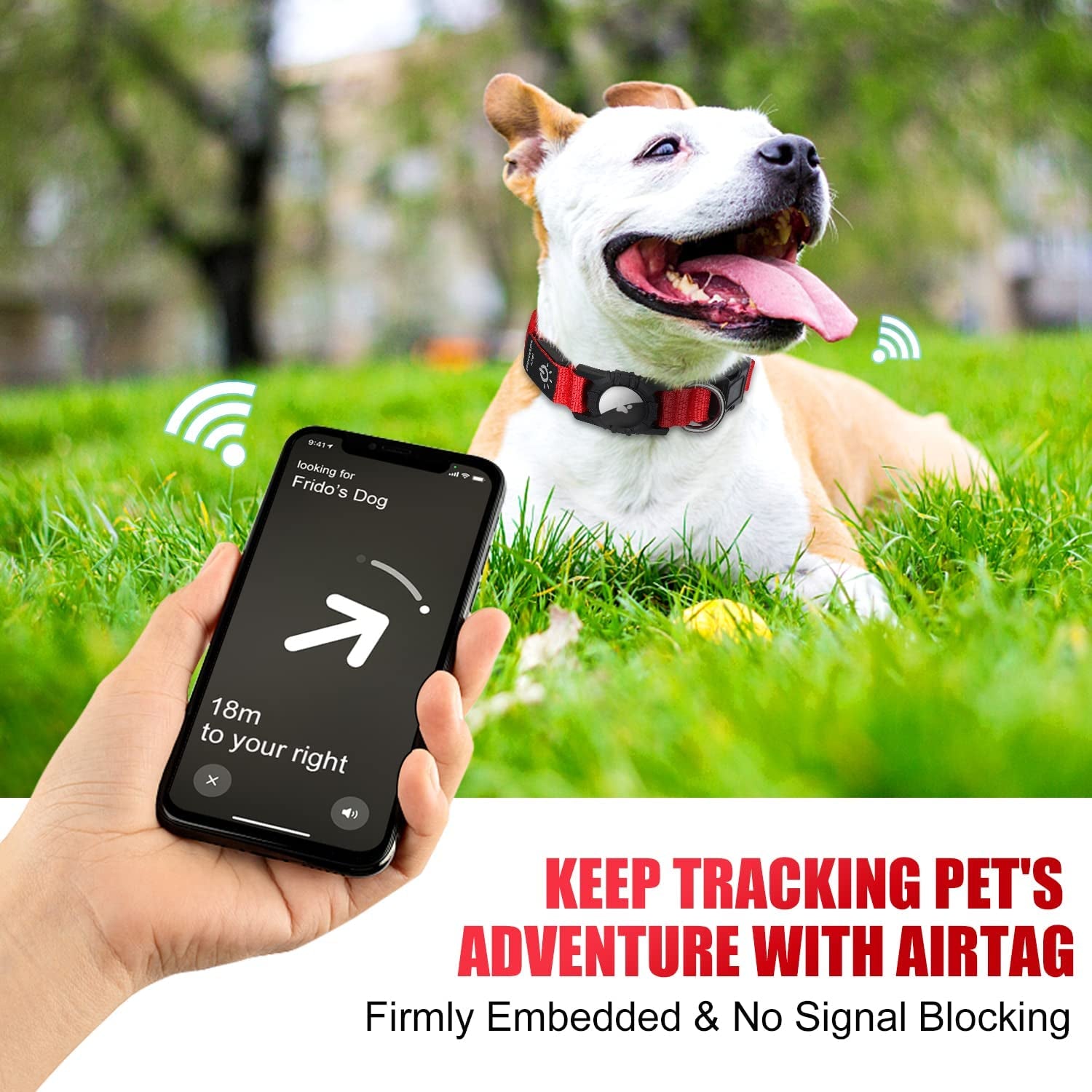 Joytale LED Airtag Dog Collar[100% IPX7 Waterproof], Light up Night Safety Pet Collars for Air Tag, USB C Rechargeable Lighted Glow Nylon Collar with Airtag Holder Case for Large Dogs, Red  Joytale   