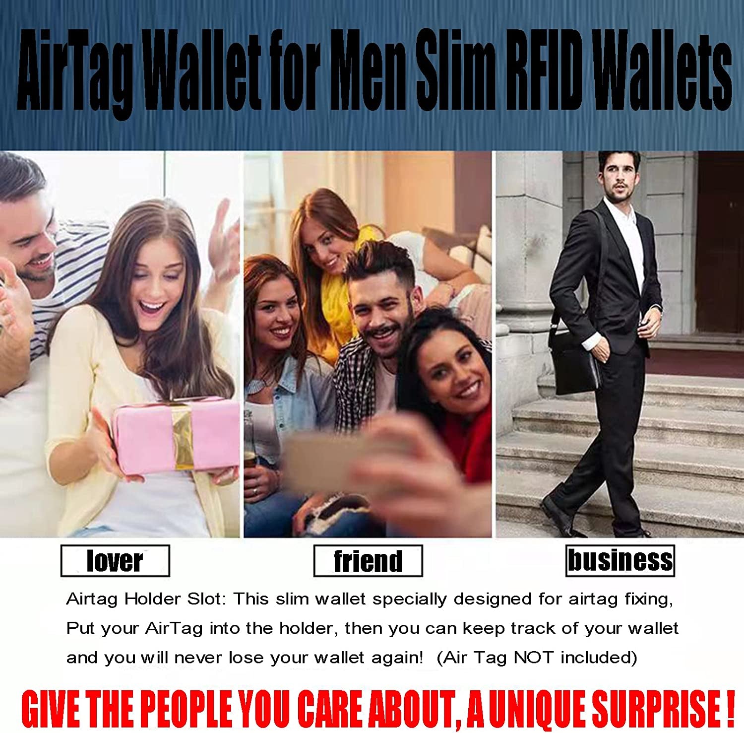 Wallet Case Card Holder with Airtag Slim Minimalist Leather Cash Credit Bifold RFID Blocking Men'S Gift Stealth ID Window Aluminum Metal Cards Pop-Up 8 Slots Wallets (Blue)  Creaweal   