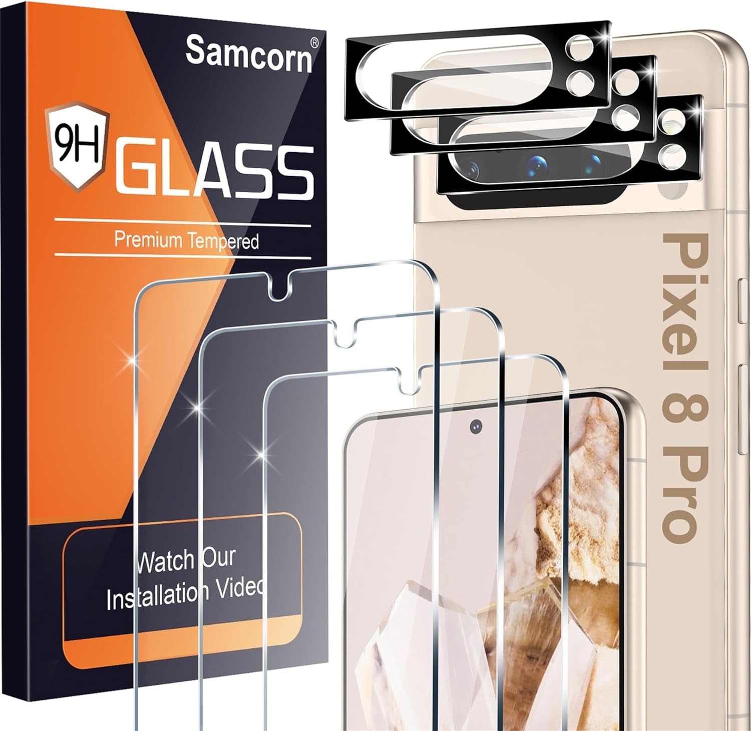 [3+3 Pack] Tempered Glass Screen Protector for Google Pixel 8 Pro 5G, Ultrasonic Fingerprint Unlock, HD Clear Case Friendly Scratch Resistant for Google Pixel 8 Pro Screen Protector  Samcorn   