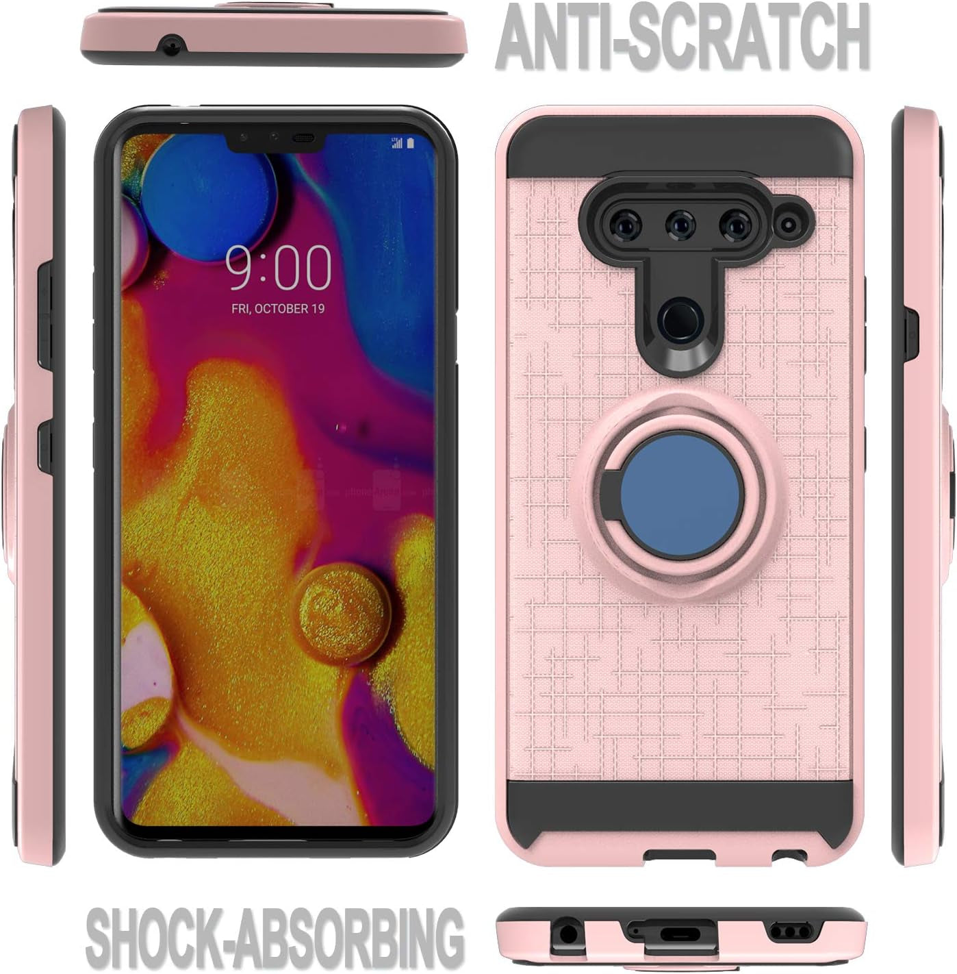Ayoo Compatible with LG V40 Case,Lg V40 Thinq Case, LG V40 Phone Cases,360 Degree Rotating Ring Stand Fishnet Full Bodystocking Dual Layer Shock-Absorption for LG V40-ZK Rose Gold  Ayoo   