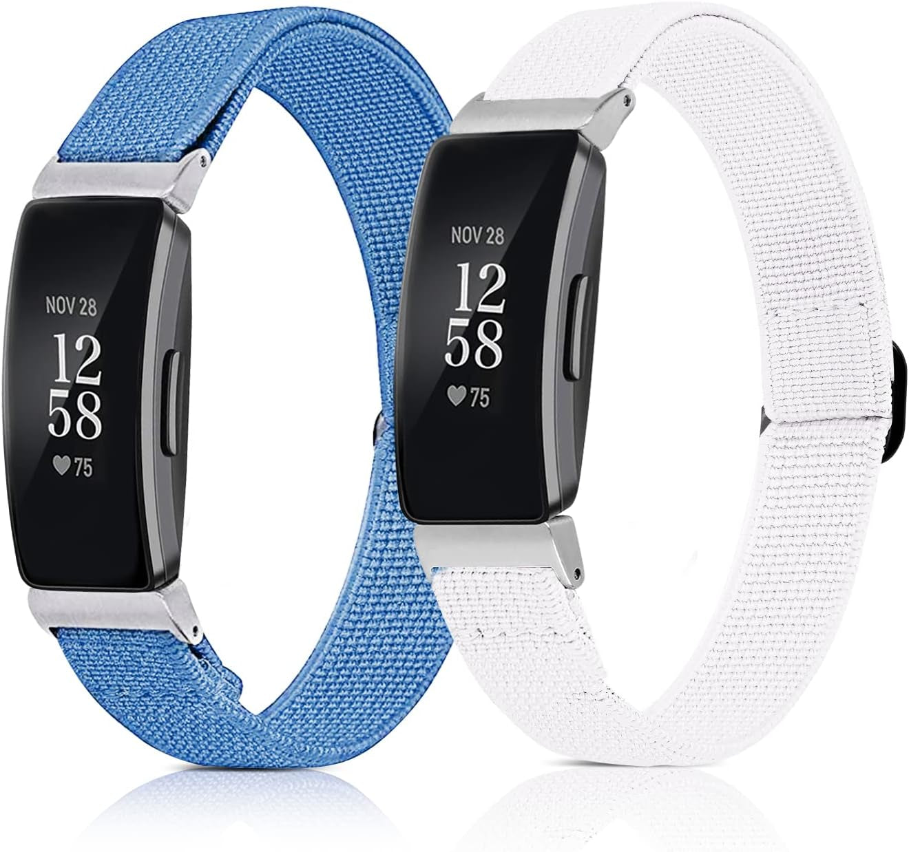 5 Pack Elastic Bands Compatible with Fitbit Inspire 2 / Inspire HR / Inspire / Ace 3 / Ace 2, Soft Loop Nylon Fabric Breathable Stretchy Replacement Straps Accessory Wristband for Women Men  POHNUI Blue Plain Weave + White Plain Weave  