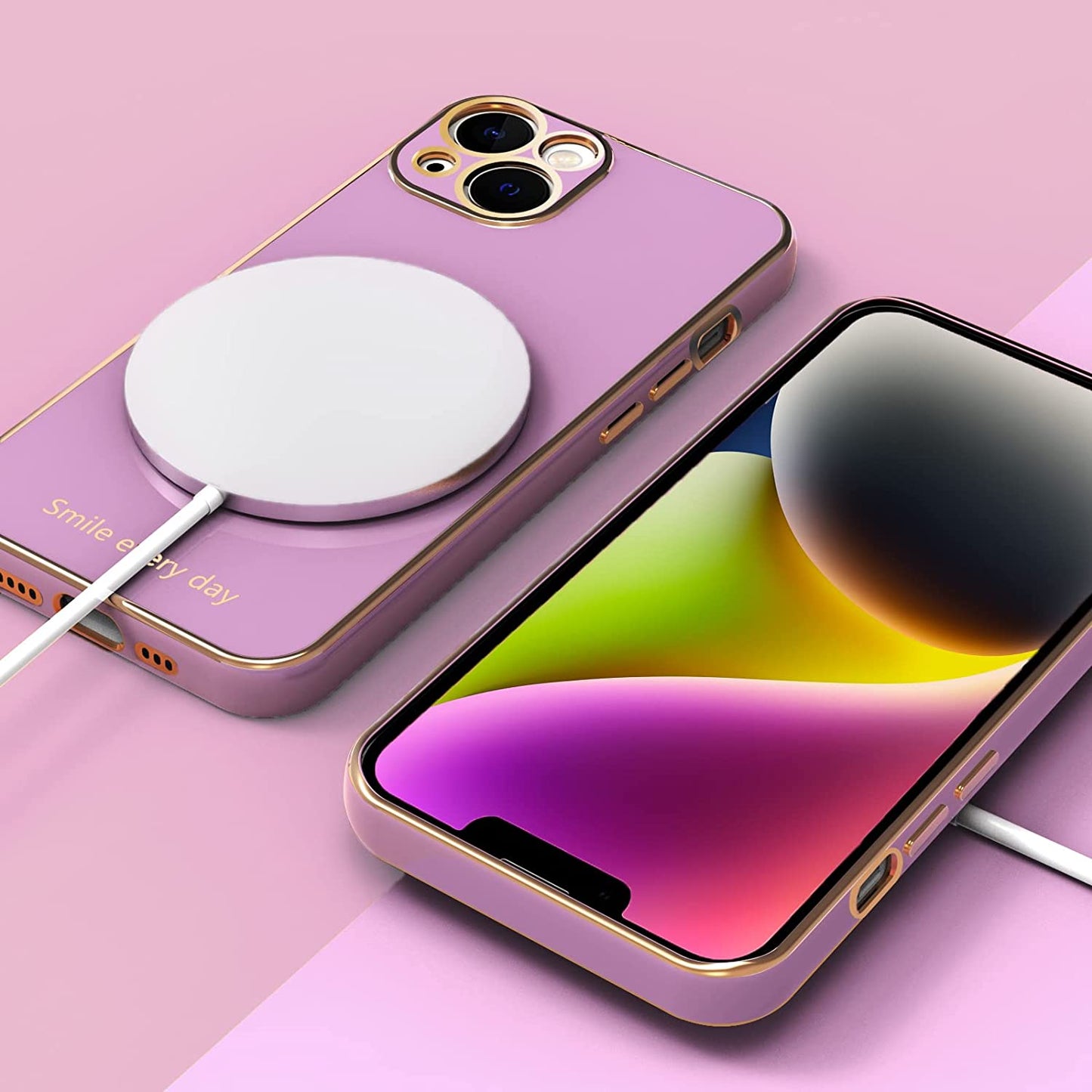 Tksafy for Iphone 14 Case, Cute Love Heart Pattern for Women Girls with Full Camera Protection, Anti-Scratch Plating Soft TPU Shockproof Bumper Phone Cover for Apple Iphone 14 6.1-Inch 2022, Lavender  Tksafy   