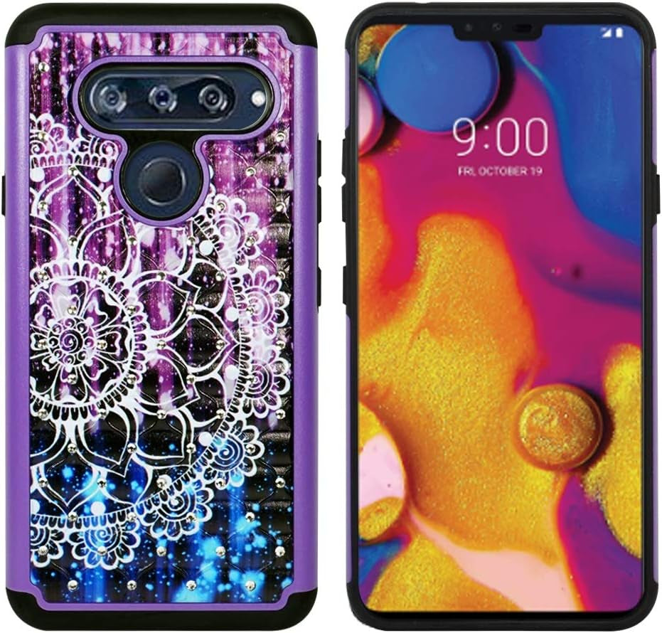 Zase Compatible with LG V40 Thinq Phone Case Hybrid Dual Layer Protection Jewel Studded Rhinestone Shockproof Slim Hard Shell Sparkly Crystal Bling Diamond (Teal Pink Blossom)  Zase Purple Blue Mandala Flower  