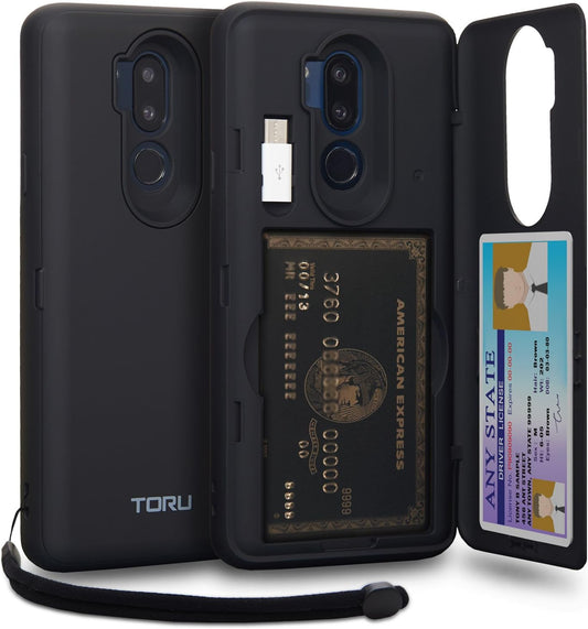TORU CX PRO Case for LG G7 / LG G7 Thinq, with Card Holder | Slim Protective Cover with Hidden Credit Cards Wallet Flip Slot Compartment Kickstand | Include Mirror, Strap, USB Adapter - Black  iMODE   