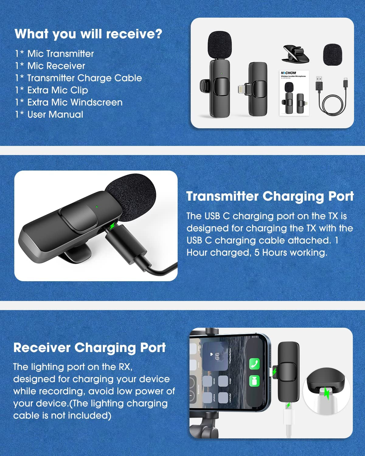 Wireless Lavalier Microphone for Ipad Mini Clip-On Microphone for Iphone Video Recording Denoise Omni Lav Lapel Mic for Interview/Youtube/Vlog/Live Streaming/Tiktok/Content Creator  NICHOM   