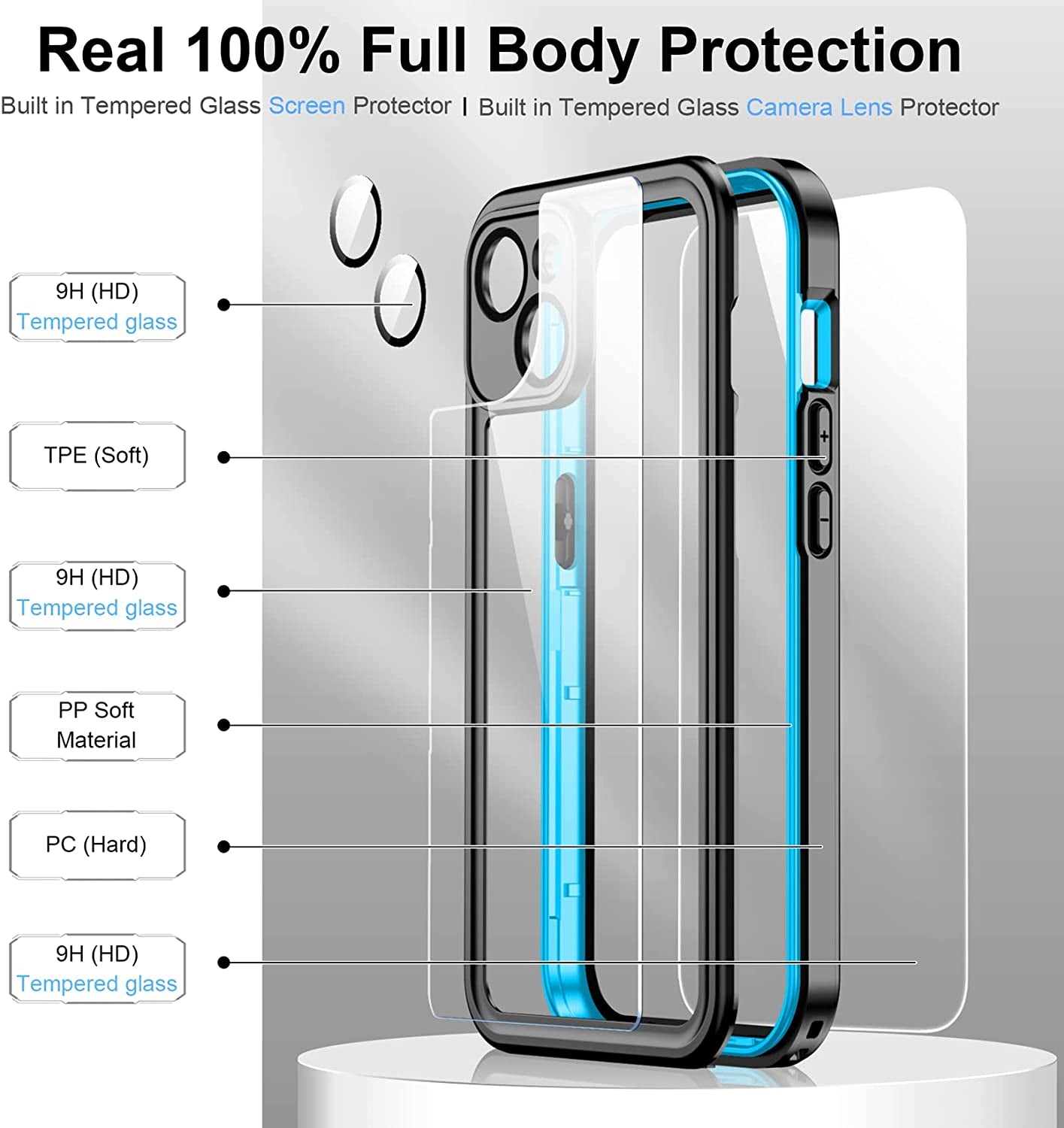 Temdan for Iphone 14 Case Waterproof,Built-In 9H Tempered Glass Screen Protector [IP68 Underwater][14Ft Military Dropproof][Dustproof][Real 360] Full Body Shockproof Protective Case-Blue-Clear  Temdan   