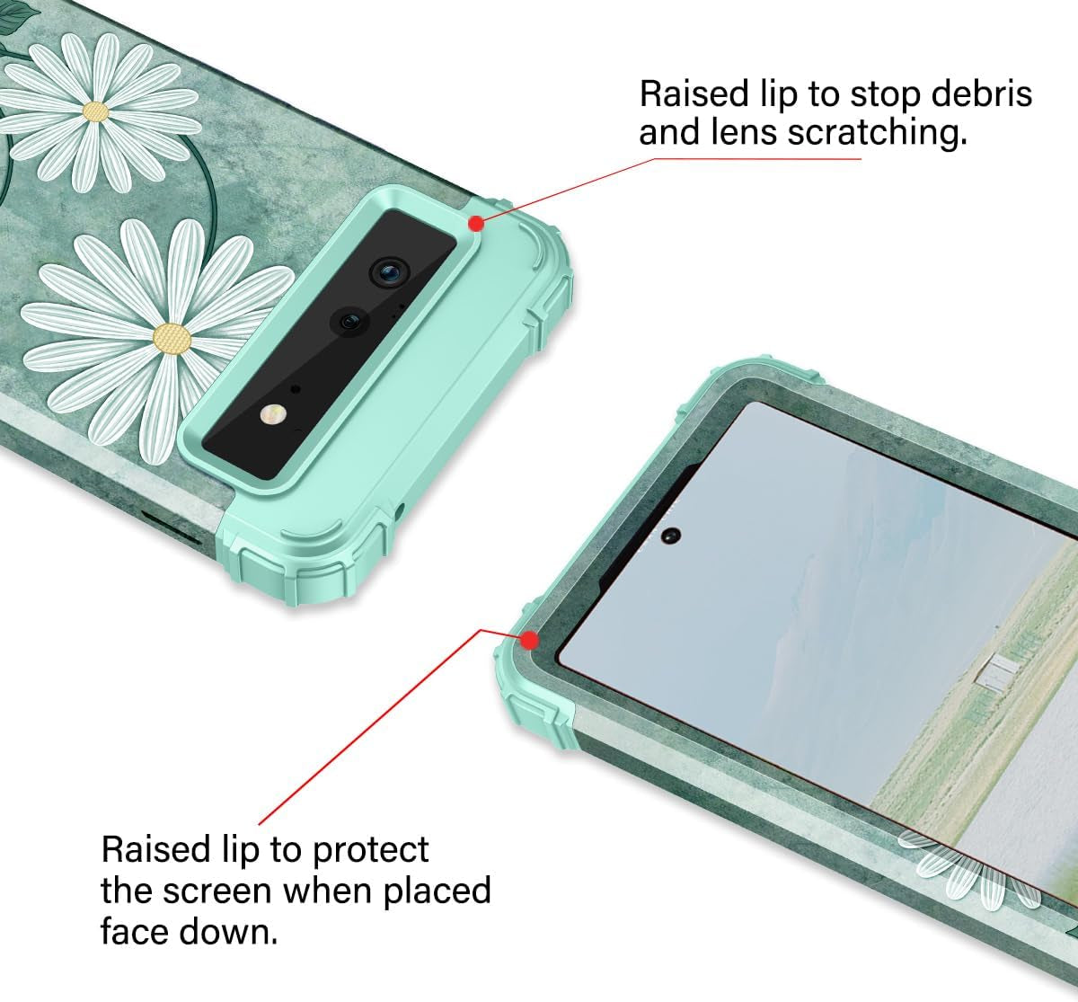 Hekodonk for Google Pixel 6 Pro Case,Heavy Duty Shockproof Protection Hard Plastic+Silicone Rubber Hybrid 3 in 1 Drop Protective Case for Google Pixel 6 Pro White Flower  Hekodonk   