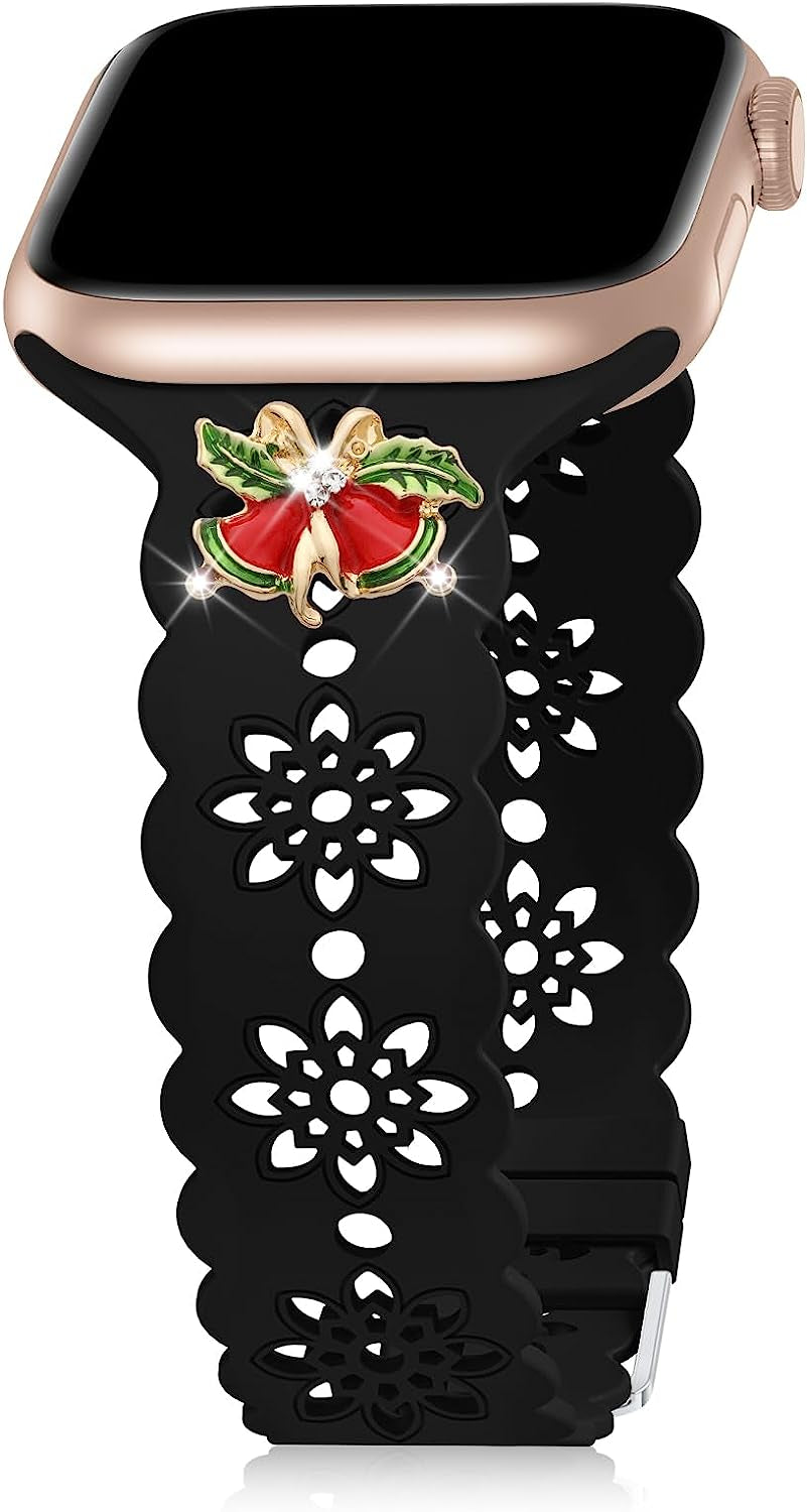 Floral Silicone Band Compatible with Apple Watch Bands 38Mm 40Mm 42Mm 44Mm 41Mm 45Mm 49Mm Women Men, Slim Hollow-Out Design Wristbands Soft Sport Breathable Watch Bands for Iwatch Ultra SE Series 8/7/6/5/4/3/2/1  Wewatri Black with Christmas Bell Charms 38mm/40mm/41mm 