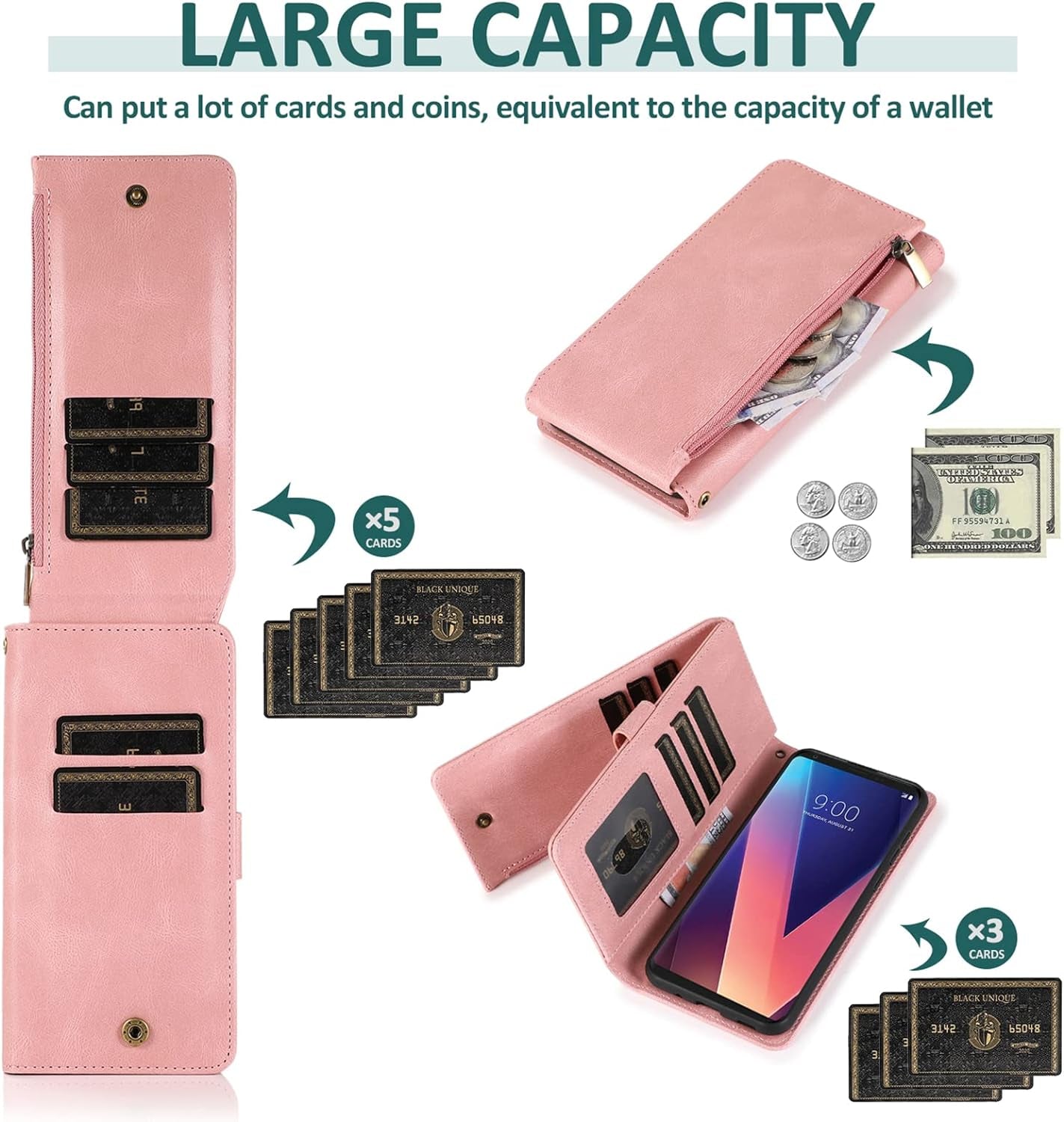 Compatible with LG V35 Thinq V30 plus Wallet Case Tempered Glass Screen Protector Zipper Leather Flip Cover Card Holder Accessories for LGV30 LGV35 LG30 LG35 V 30 35 V30+ V30S H931 Women Rose Gold  Asuwish   