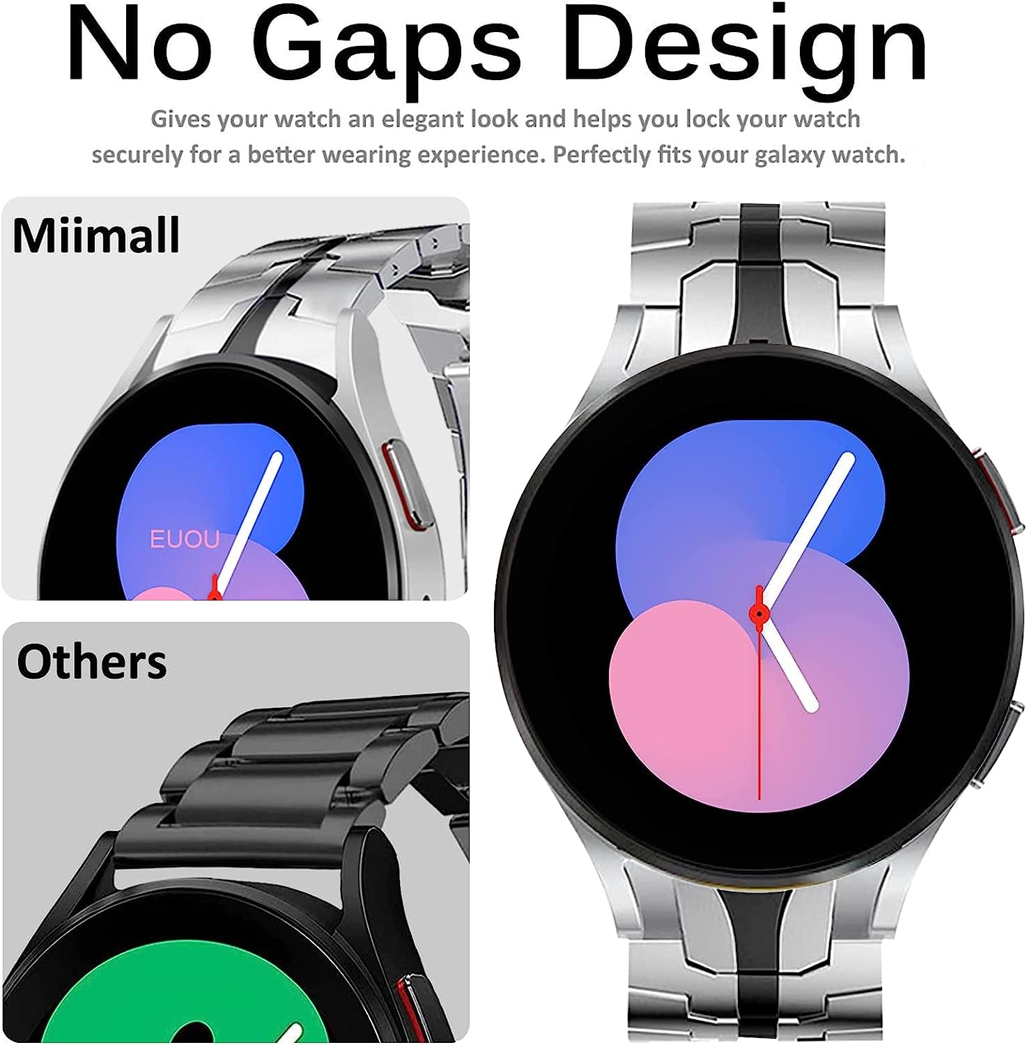 Miimall Compatible for Samsung Galaxy Watch 5 Pro 45Mm/Watch 5 &4 44Mm 40Mm/Watch 4 Classic 46Mm 42Mm Bands Metal, No Gap Stainless Steel Metal Wristband Band for Galaxy Watch 5/4 44Mm 40Mm(Black)  Miimall   