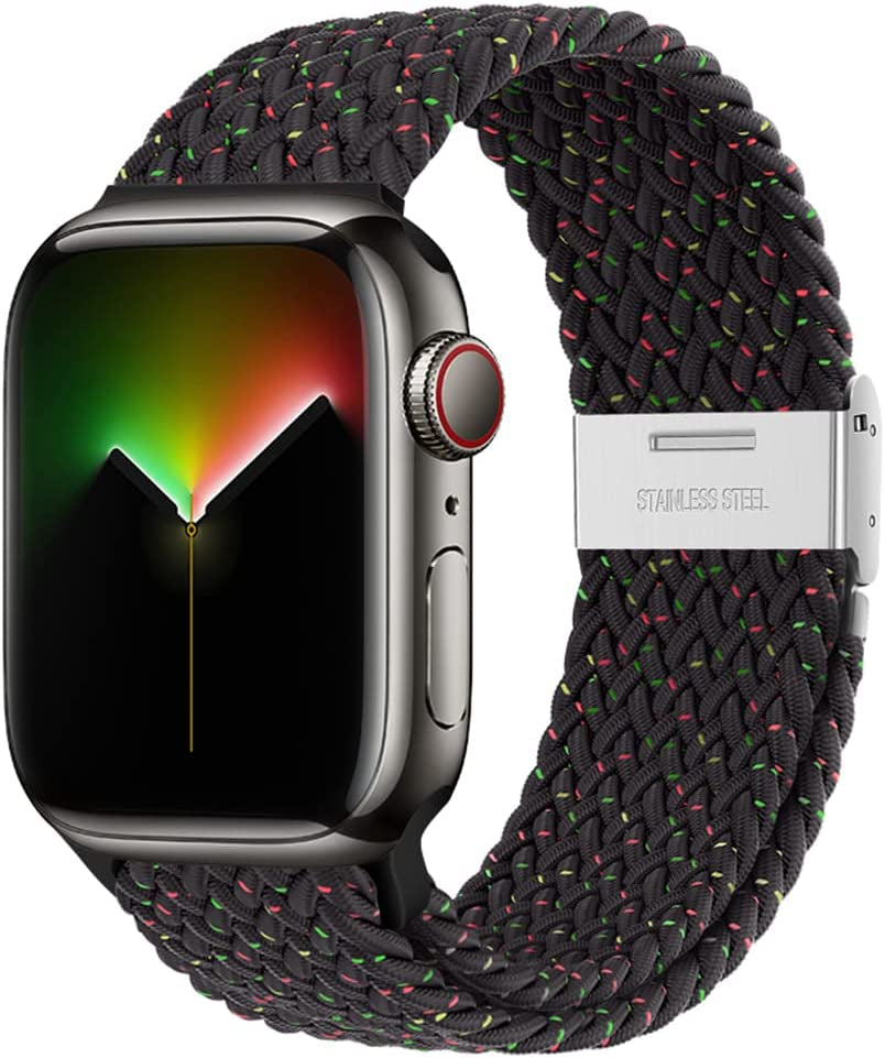 Qimela Compatible with Apple Watch Band 49Mm 45Mm 44Mm 42Mm,Stretchy Sport Solo Loop Strap with Adjustable Buckle,Elastic Nylon Braided Wristband for Iwatch Series 8 7 6 SE 5 4 3 2 1 Ultra,Women Men  FS-TECH Black Unity 42mm/44mm/45mm/49mm 