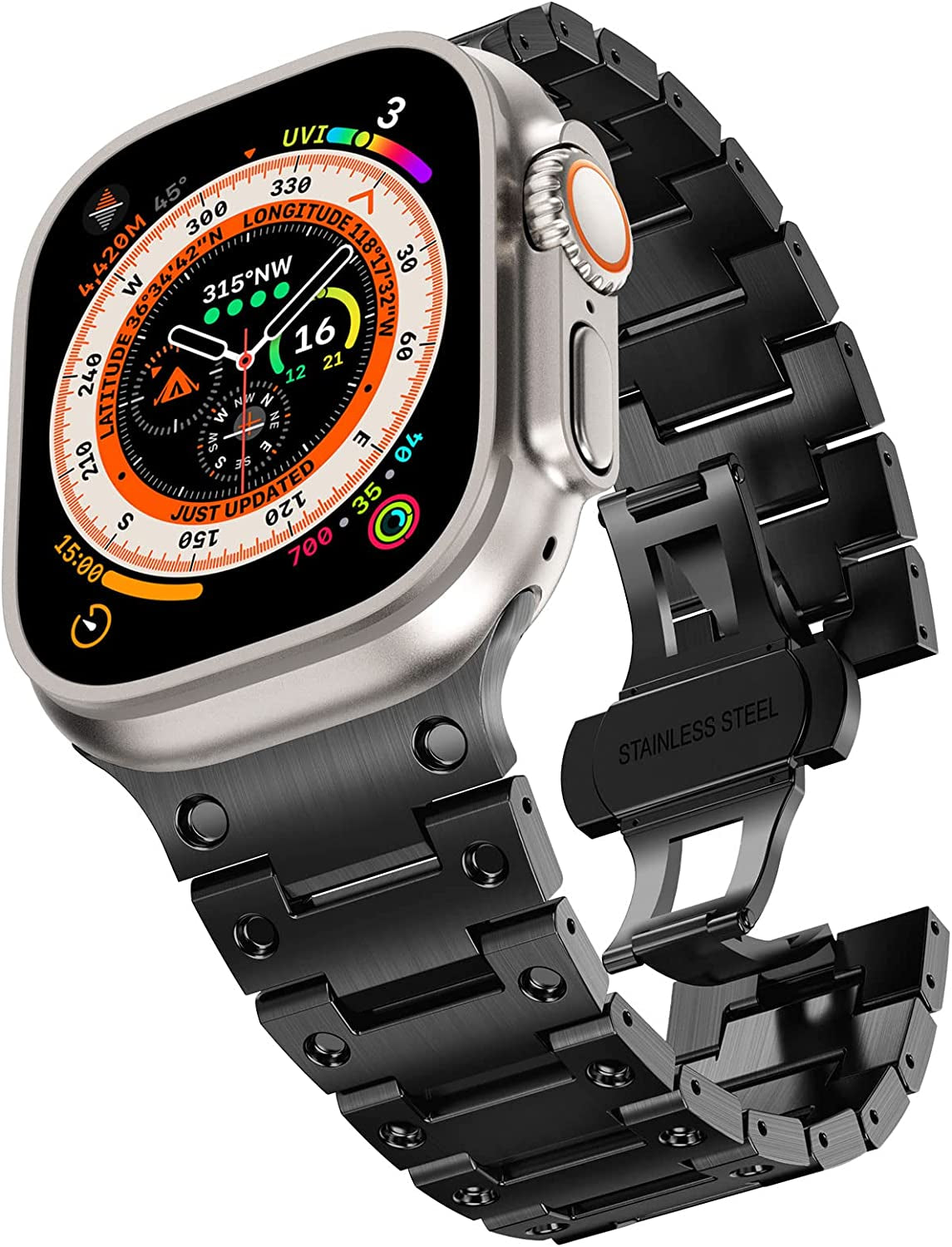 Fullife Compatible with Apple Watch Ultra Band 49Mm 45Mm 44Mm 42Mm Stainless Steel Metal Link with Butterfly Clasp for Men Women for Iwatch Series 8 Series 7 SE/6/5/4/3/2/1, Titanium  Fullife Black Ultra 49mm/45mm/44mm/42mm 