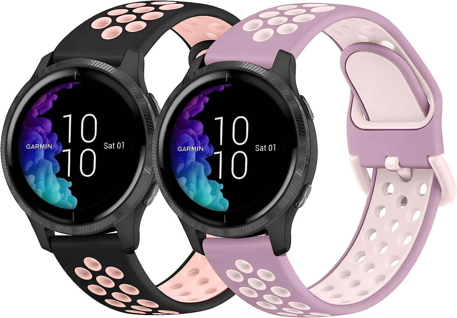 2 PACK Sport Bands for Garmin Venu 2 plus / Venu Sq / Venu / Vivoactive 3 Watch Band Women Men, Soft Silicone Replacement Wristband Sport Strap for Garmin Vivomove Sport, Vivoactive 3 Music, Forerunner 645 / 245 Music Smart Watch  Wanme Black Pink+Violet Pink Small 