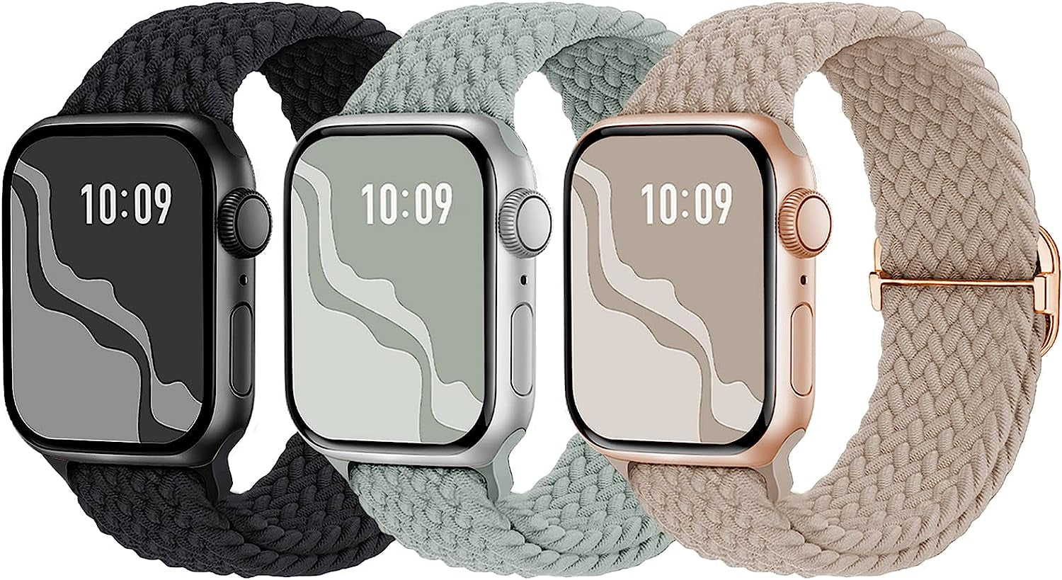Braided Solo Loop Compatible with Apple Watch Band 38Mm 40Mm 41Mm 42Mm 44Mm 45Mm 49Mm for Women Men, Nylon Elastic Straps Wristbands for Iwatch Series Ultra SE 8 7 6 5 4 3 2 1  Suitisbest Black/MilkTea/LightGreen 42/44/45mm 