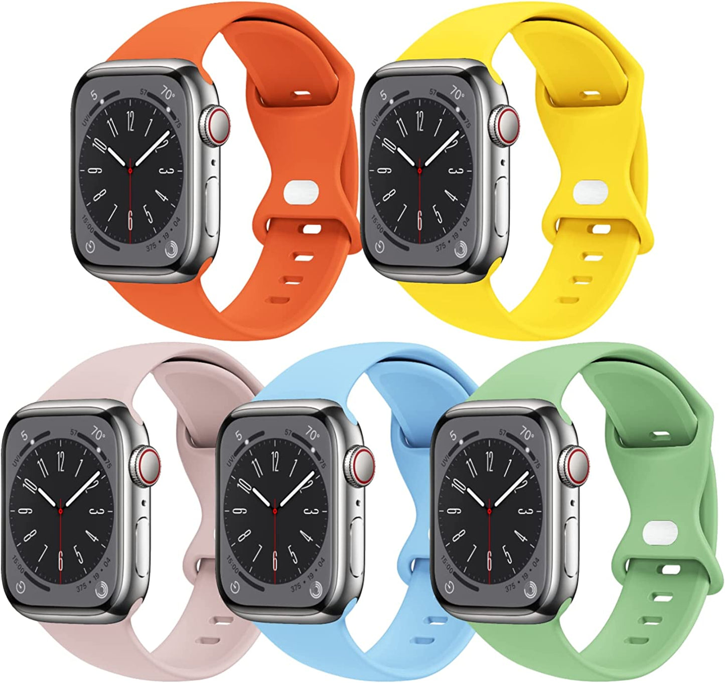 [5 PACK] STG Sport Watch Band Compatible with Apple Watch Band 38Mm 40Mm 41Mm 42Mm 44Mm 45Mm 49Mm Soft Silicone Replacement Sport Strap Compatible for Iwatch Ultra SE Series 8/7/6/5/4/3/2/1 (38Mm/40Mm/41Mm S/M, 5 PACK  STG 5 Pack K - Orange/Yellow/Pink Sand/Turquoise/Mint Green 42mm/44mm/45mm/49mm M/L 