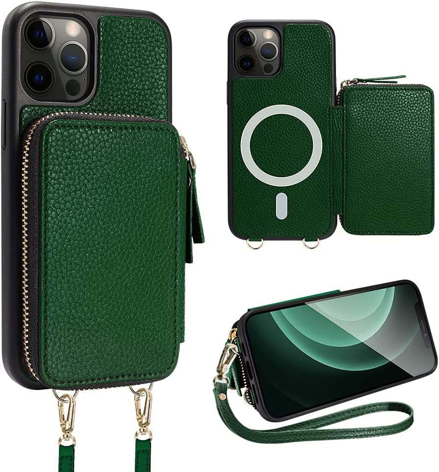 ZVE Iphone 14 Pro Crossbody Wallet Case Magsafe, Phone Case with RFID Blocking Card Holder Wrist Strap for Women, Zipper Leather Cover for Iphone 14 Pro, 6.1"-Black  ZVE Dark Green iPhone 12 Pro Max 