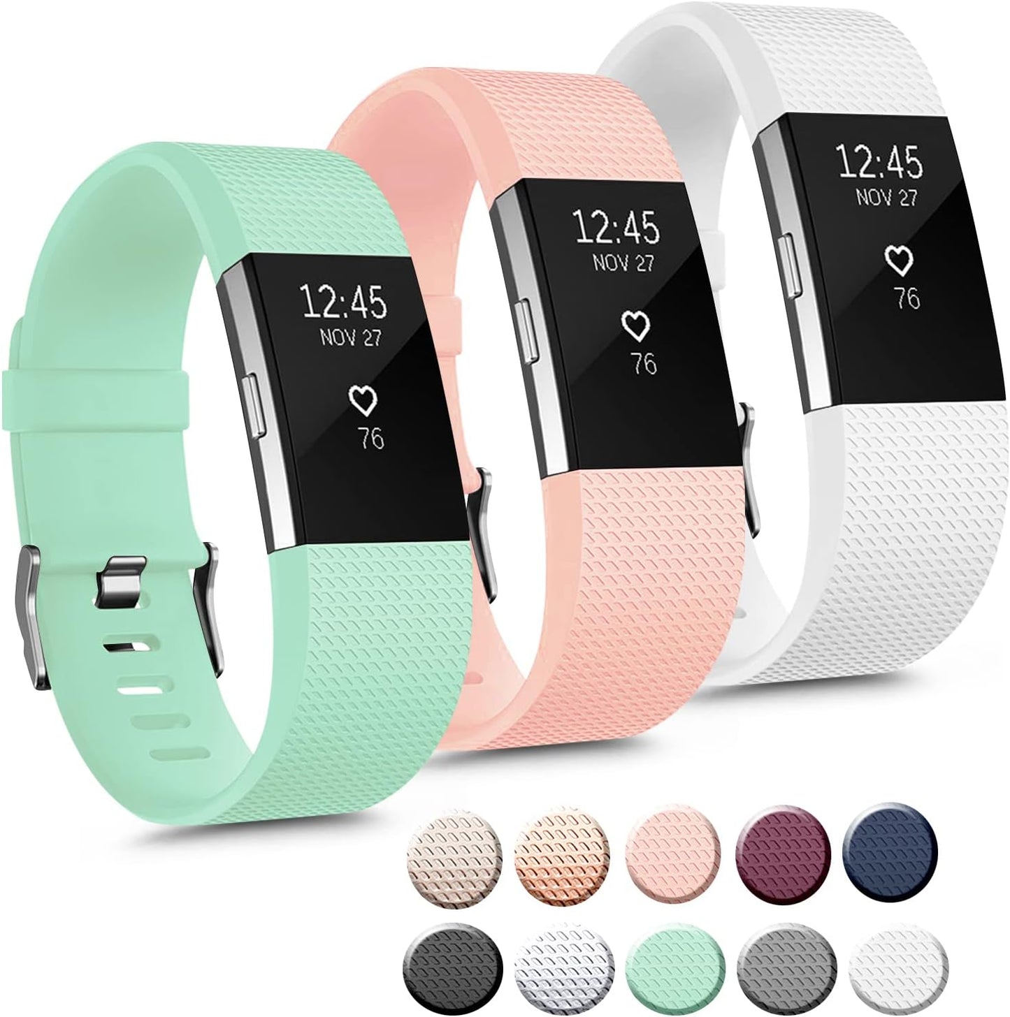 3 Pack Sport Bands Compatible with Fitbit Charge 2 Bands Women Men, Adjustable Replacement Strap Wristbands for Fitbit Charge 2 HR Small Large (Small, Black/Purple/Navy Blue)  Mugust Teal/Pink/White Small 
