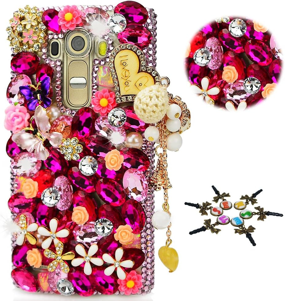STENES LG G7 Thinq Case - STYLISH - 100+ Bling - 3D Handmade Heart Pendant Dance Butterfly Flowers Design Protective Case for LG G7/LG G7 Thinq - Pink  STENES   