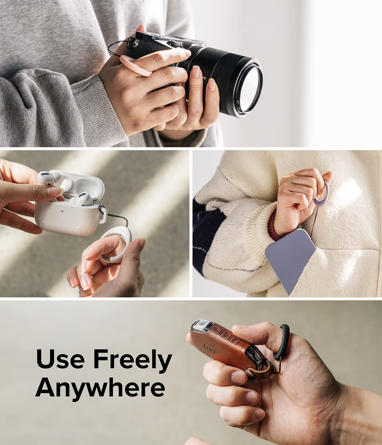 Ringke Finger Ring Strap Silicone Smartphone Grip Lanyard Holder [2 Pack] with Anti-Slip Mount Function Compatible with Phone Cases, Keys, Cameras, and More - Black & Lavender Gray  Rearth   