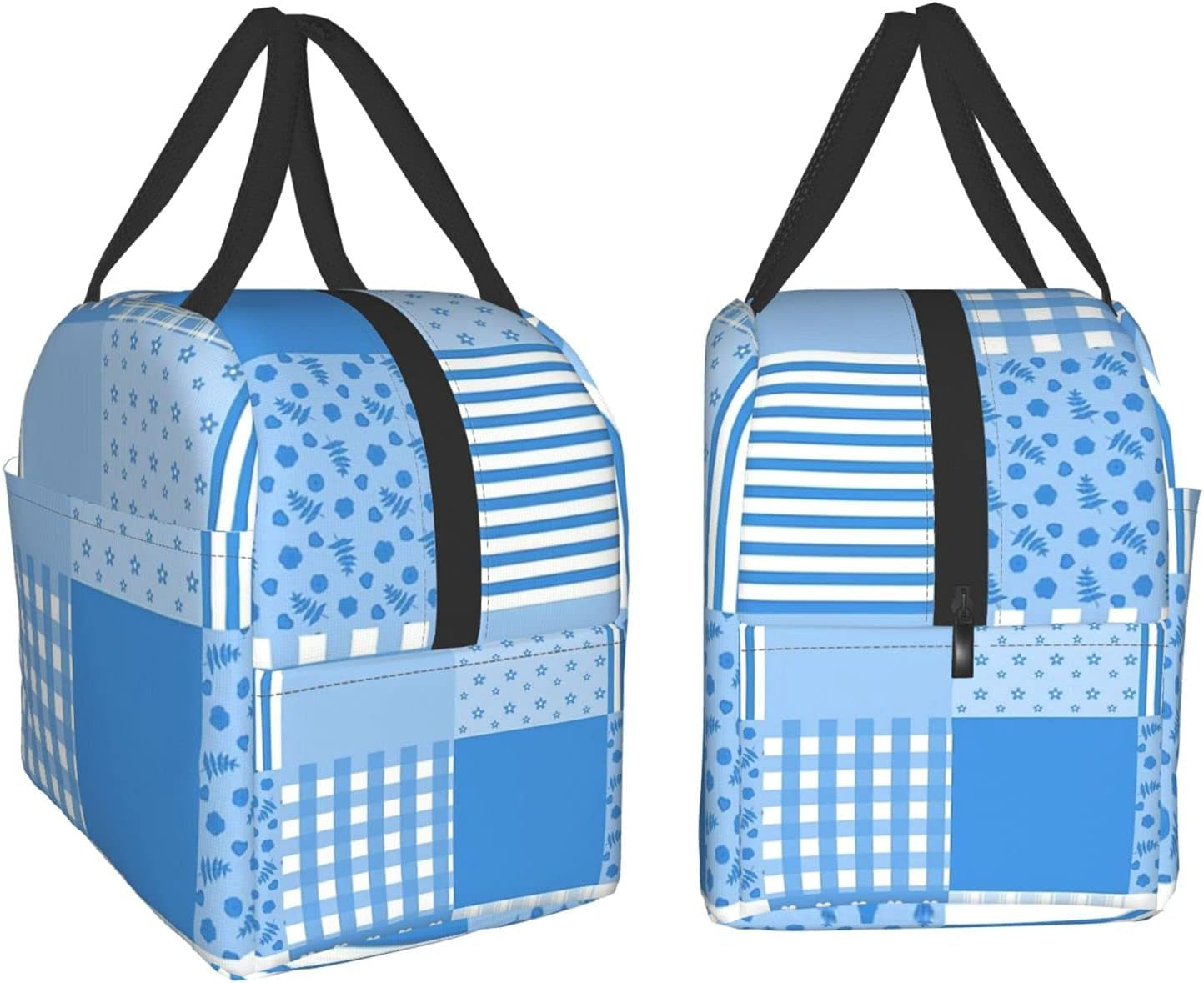Fashion Blue and White Patchwork Lunch Box Insulated Cooler Lunch Tote Bag Travel Picnic Durable Shopping Reusable Waterproof Bags for Women  carati   