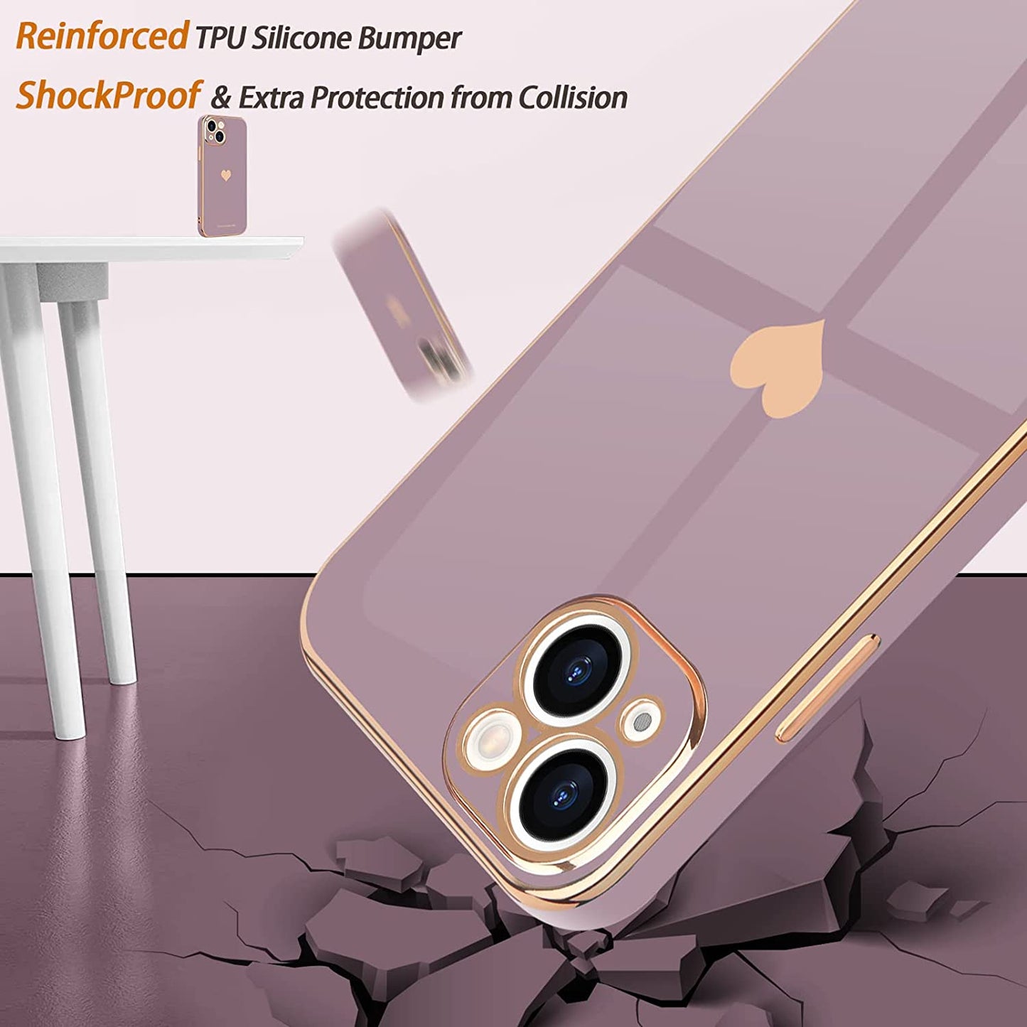 Teageo for Iphone 14 Case for Women Girl Cute Love Heart Luxury Electroplate Plating Soft Bling Back Cover Raised Full Camera Protection Bumper Silicone Shockproof Phone Case for Iphone 14, Lavender  janzee   