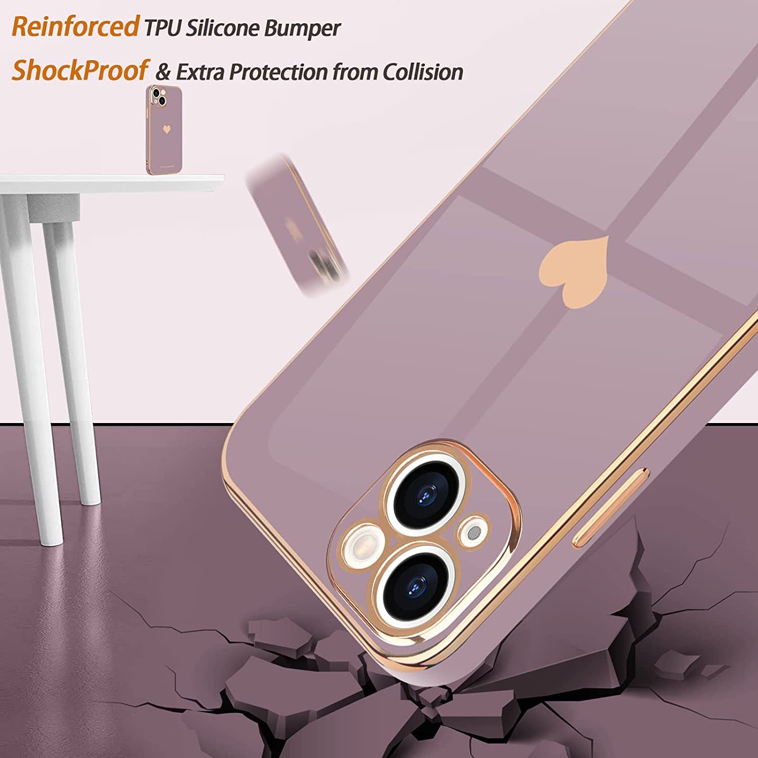 Teageo for Iphone 14 Case for Women Girl Cute Love Heart Luxury Electroplate Plating Soft Bling Back Cover Raised Full Camera Protection Bumper Silicone Shockproof Phone Case for Iphone 14, Lavender  janzee   