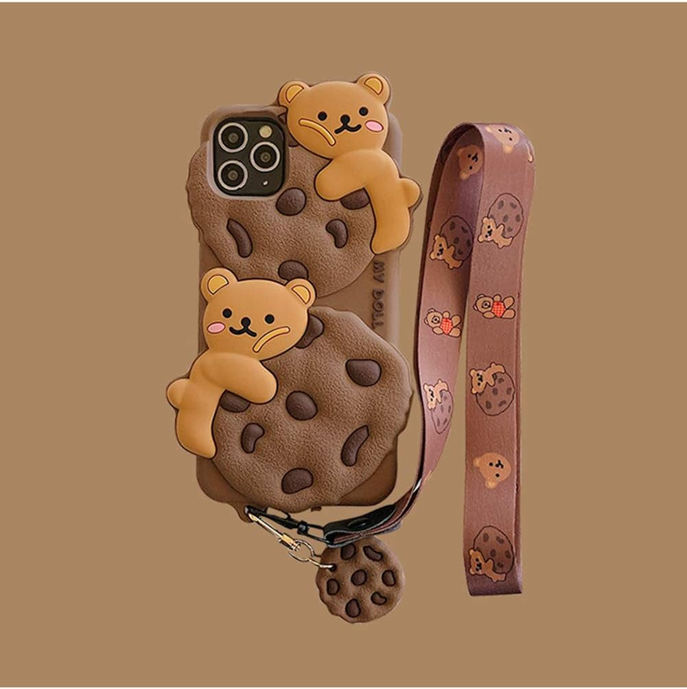 Yatchen for Iphone 12/12 Pro Case Cookie Bear Kawaii Phone Cases,Cute Iphone 12 Case with Strap Lanyard 3D Cartoon Bear Soft Silicone Protective Case Funny for Iphone 12 Pro Women Girls  Yatchen   