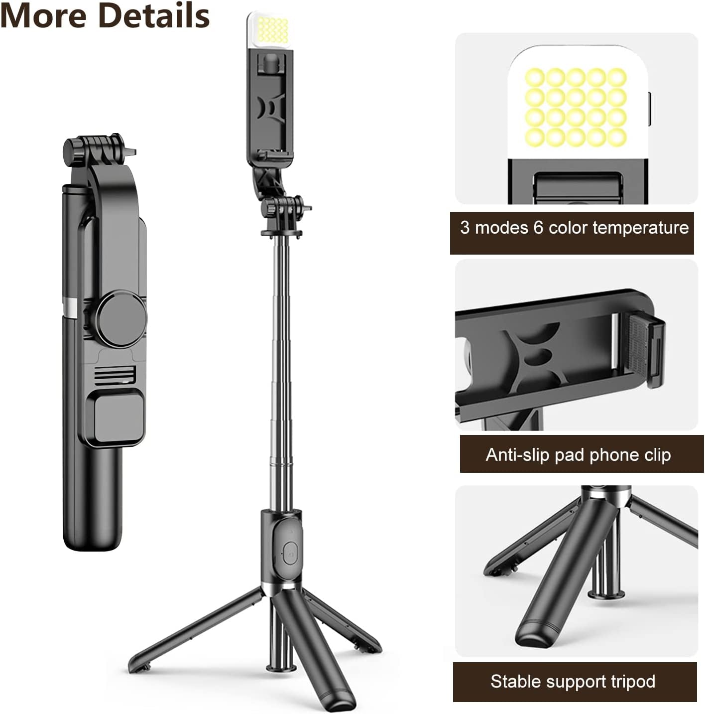 Phone Tripod, 41" Lighted Selfie Stick Phone Tripod Stand, Extendable Tripod Phone Holder, Perfect for Video Recording, Live Streaming, Compatible with Smartphone Camera (Black).  SkyWattz   