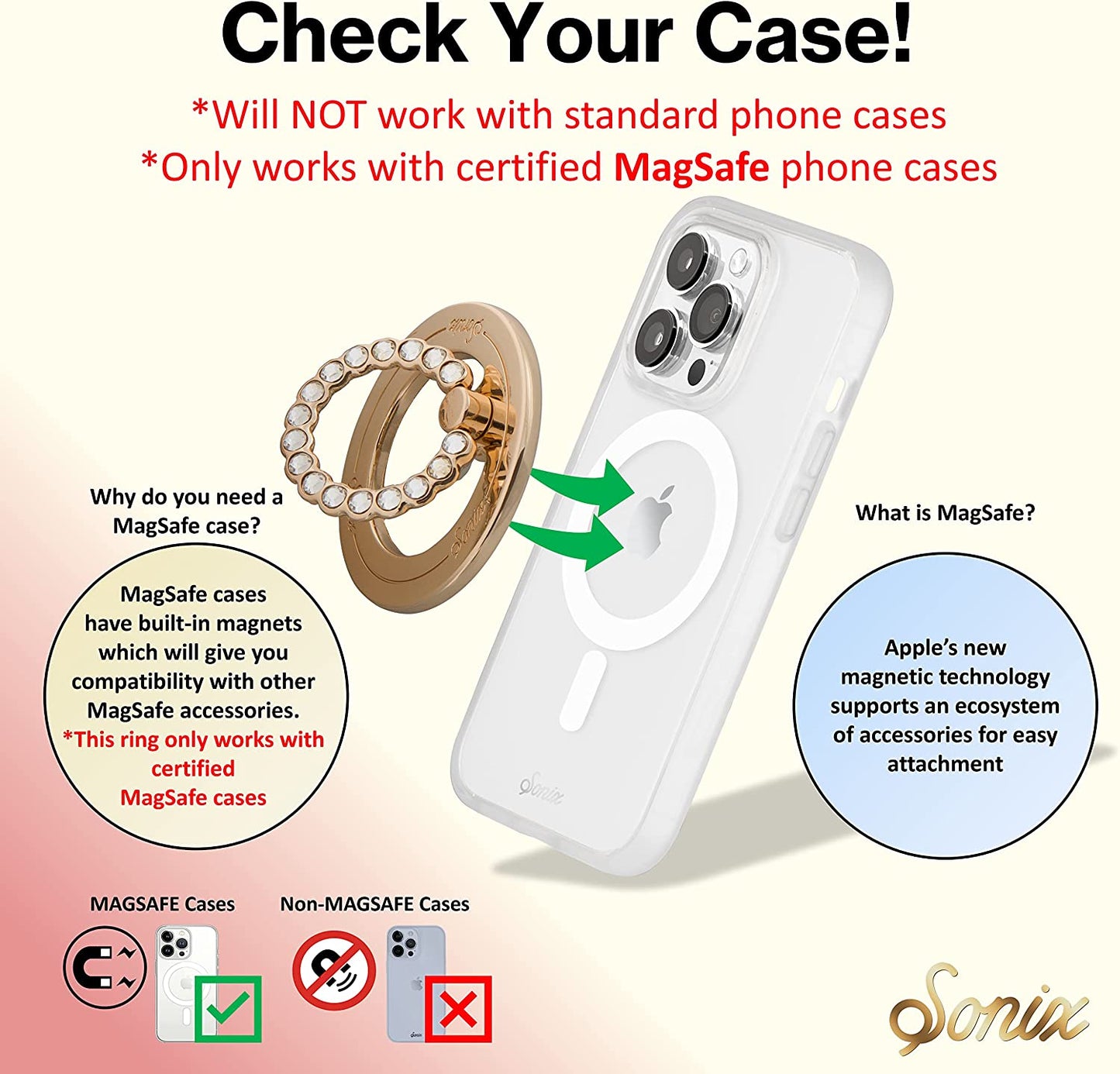 Sonix Magnetic Phone Ring Holder with Finger Ring and Phone Stand for Iphone 14/13 / 12 Series Magsafe Cases (Gold/Clear)  Lenntek   